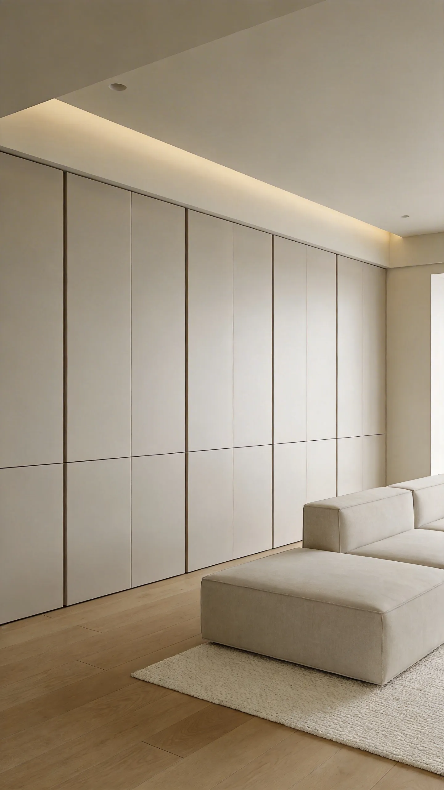 A photograph of a minimalist living room with seamless, wall-colored, hidden custom built-in storage, illustrating visual silence and functional design.