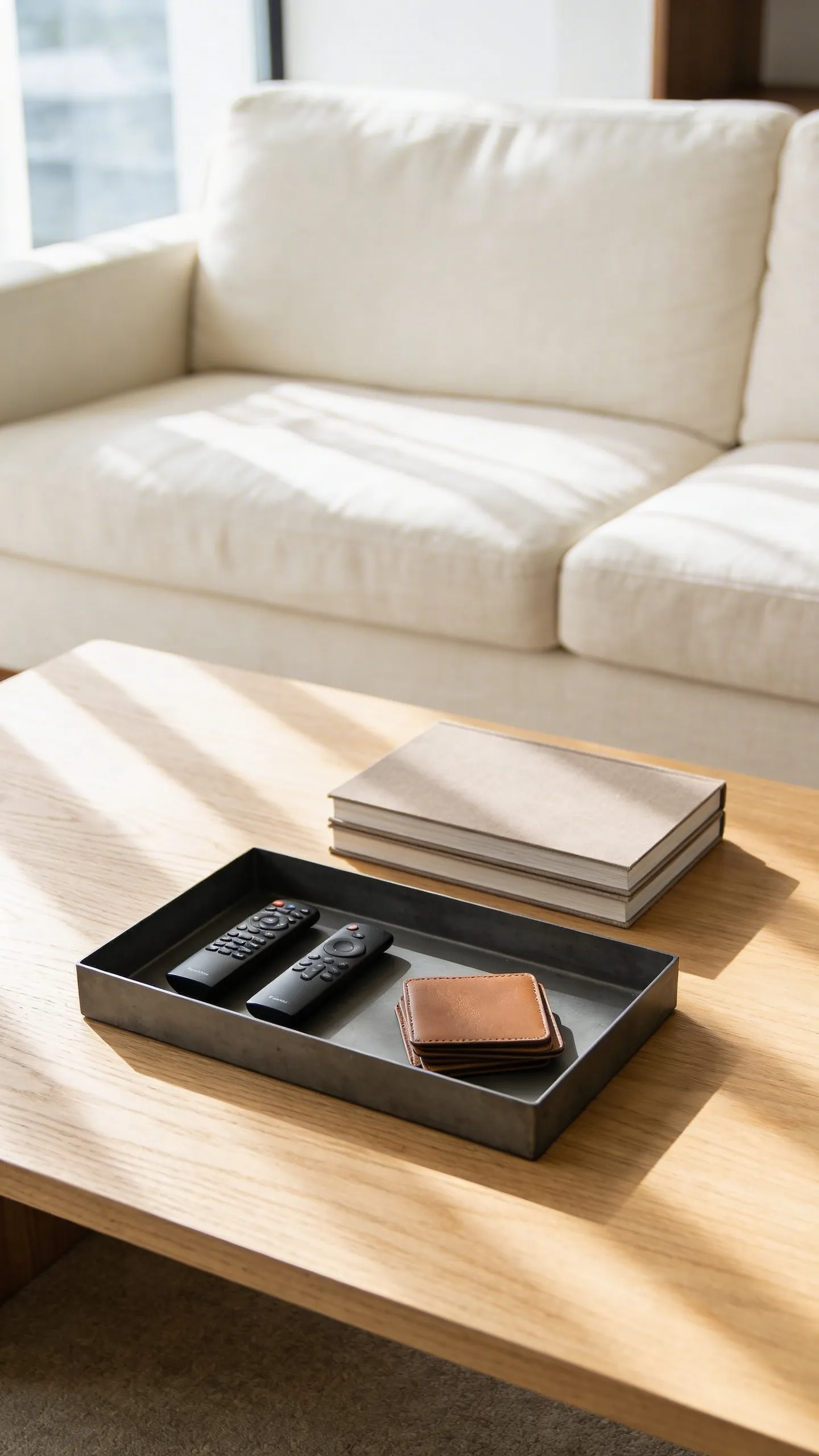 A simple living room featuring a light wood coffee table where a rectangular matte metal tray organizes remote controls and coasters, illustrating the concept of transforming surface clutter into a visually organized vignette.