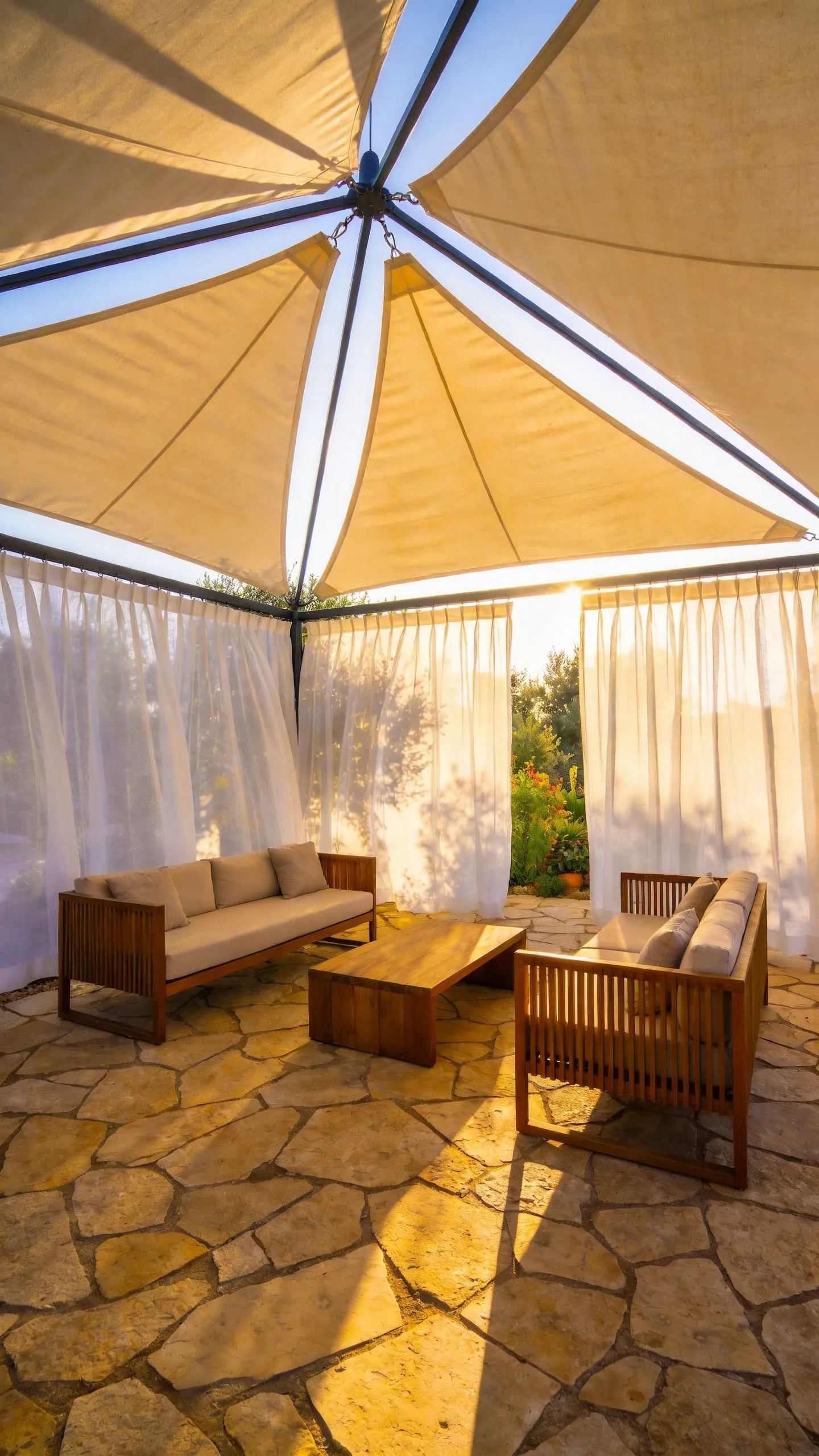 A modern patio design featuring structural canvas shade sails layered with flowing sheer white curtains and contemporary outdoor furniture.