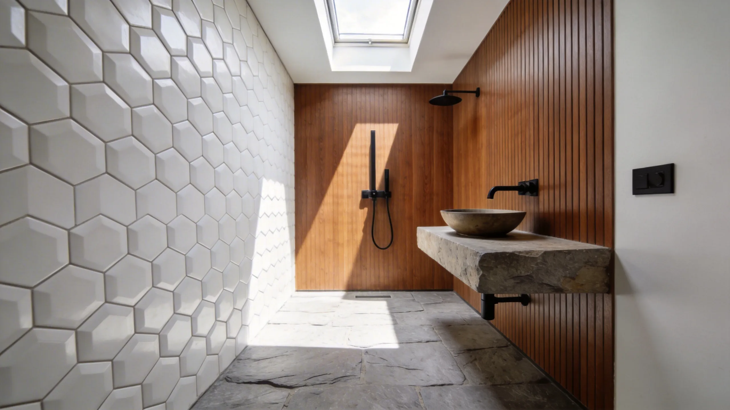 A compact bathroom featuring 3D hexagonal wall tiles and walnut wood accents to illustrate tactile decorating ideas for small spaces.