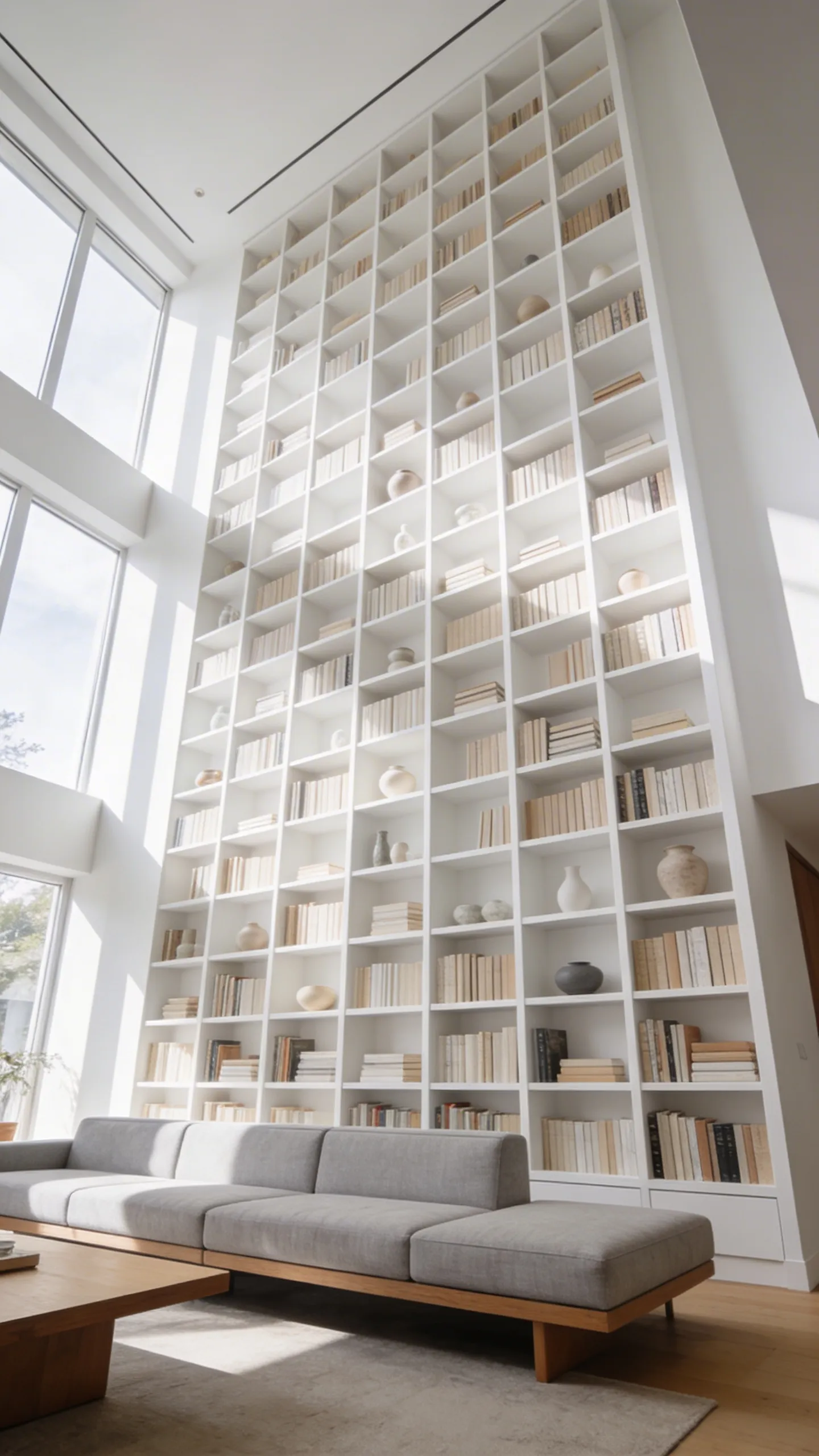 A bright, modern living room where a floor-to-ceiling white built-in bookcase dominates the wall, demonstrating how vertical design draws the eye upward to create the illusion of greater ceiling height and spaciousness.