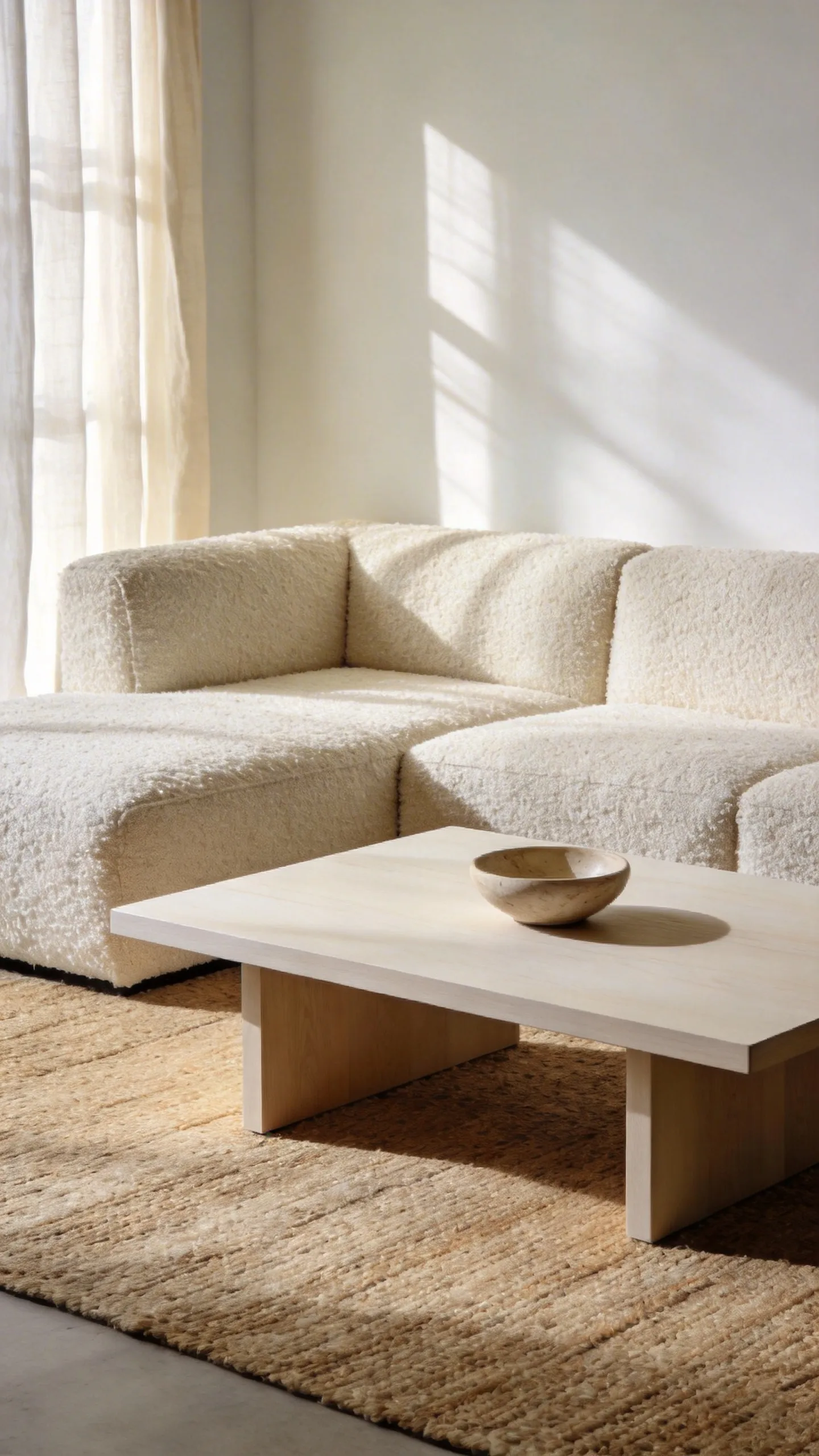 A serene, minimalist living room featuring a creamy neutral color palette and layered textures, illustrating the 'Visual Quiet' principle for simple home maintenance and calm.