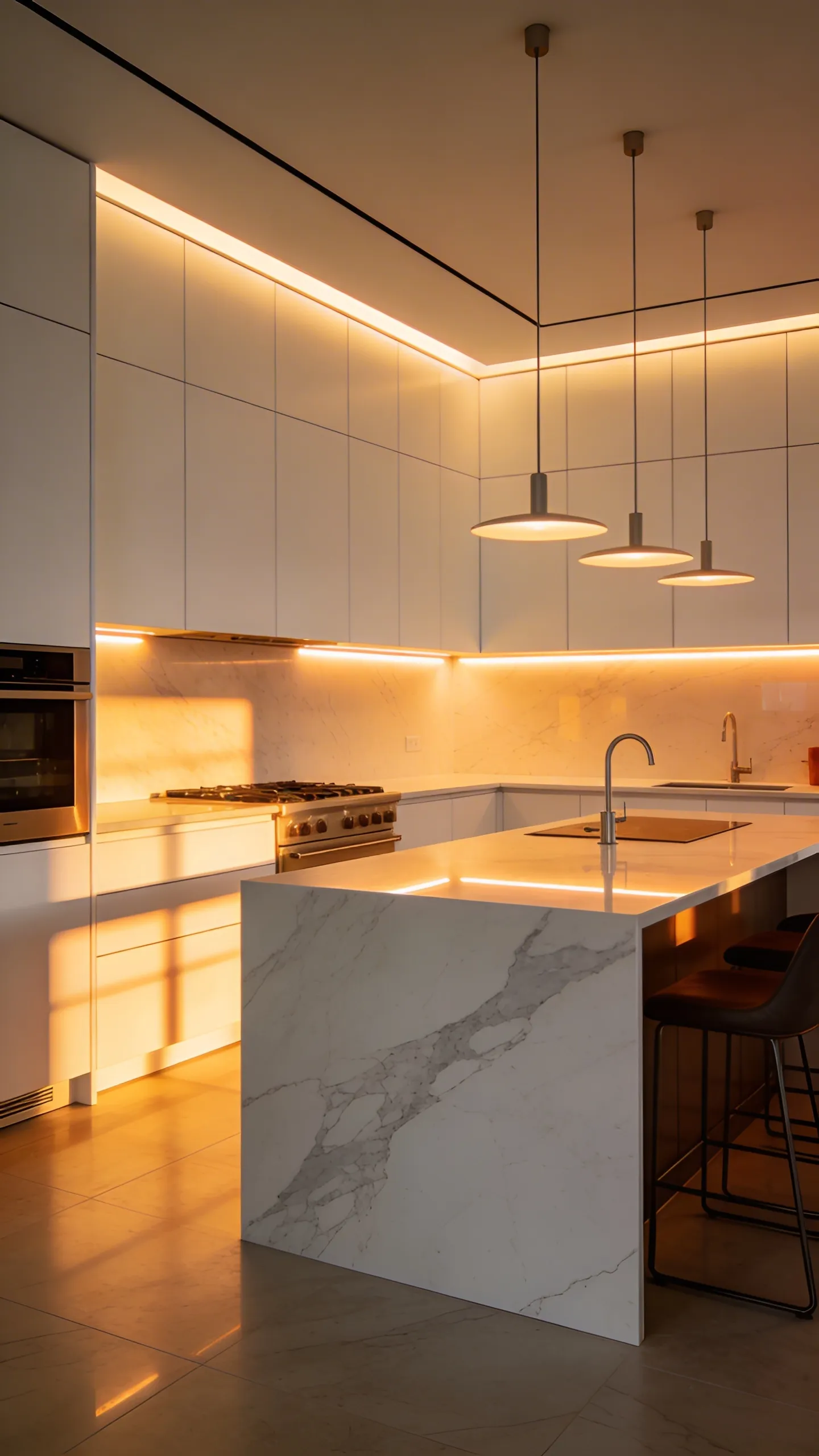 A spacious modern white kitchen featuring high-end cabinetry and marble countertops illuminated by warm 3000K designer lighting to showcase spectral power distribution.