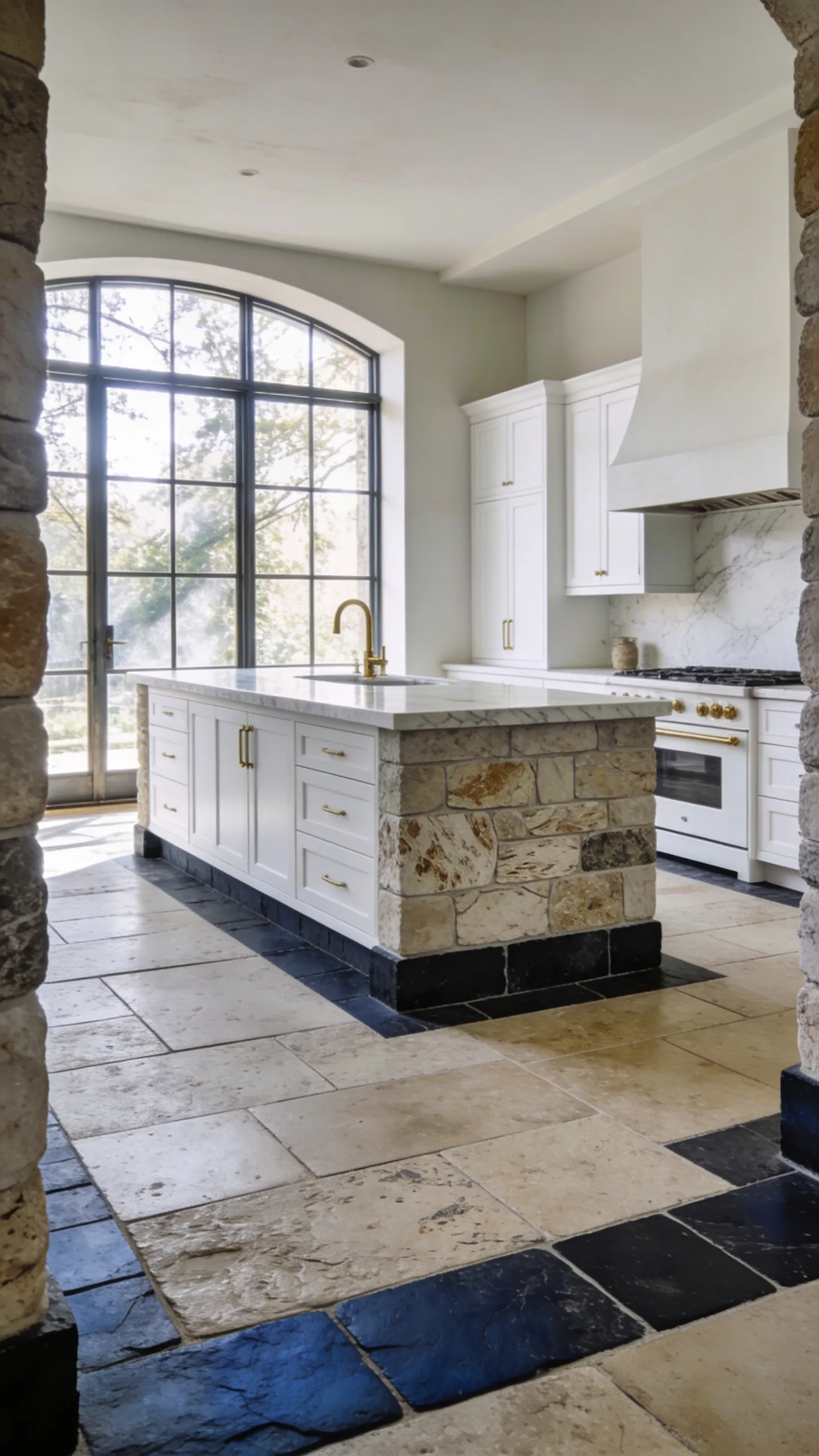 A spacious white European kitchen design featuring textured matte limestone flooring and charcoal bluestone accents with soft natural lighting.