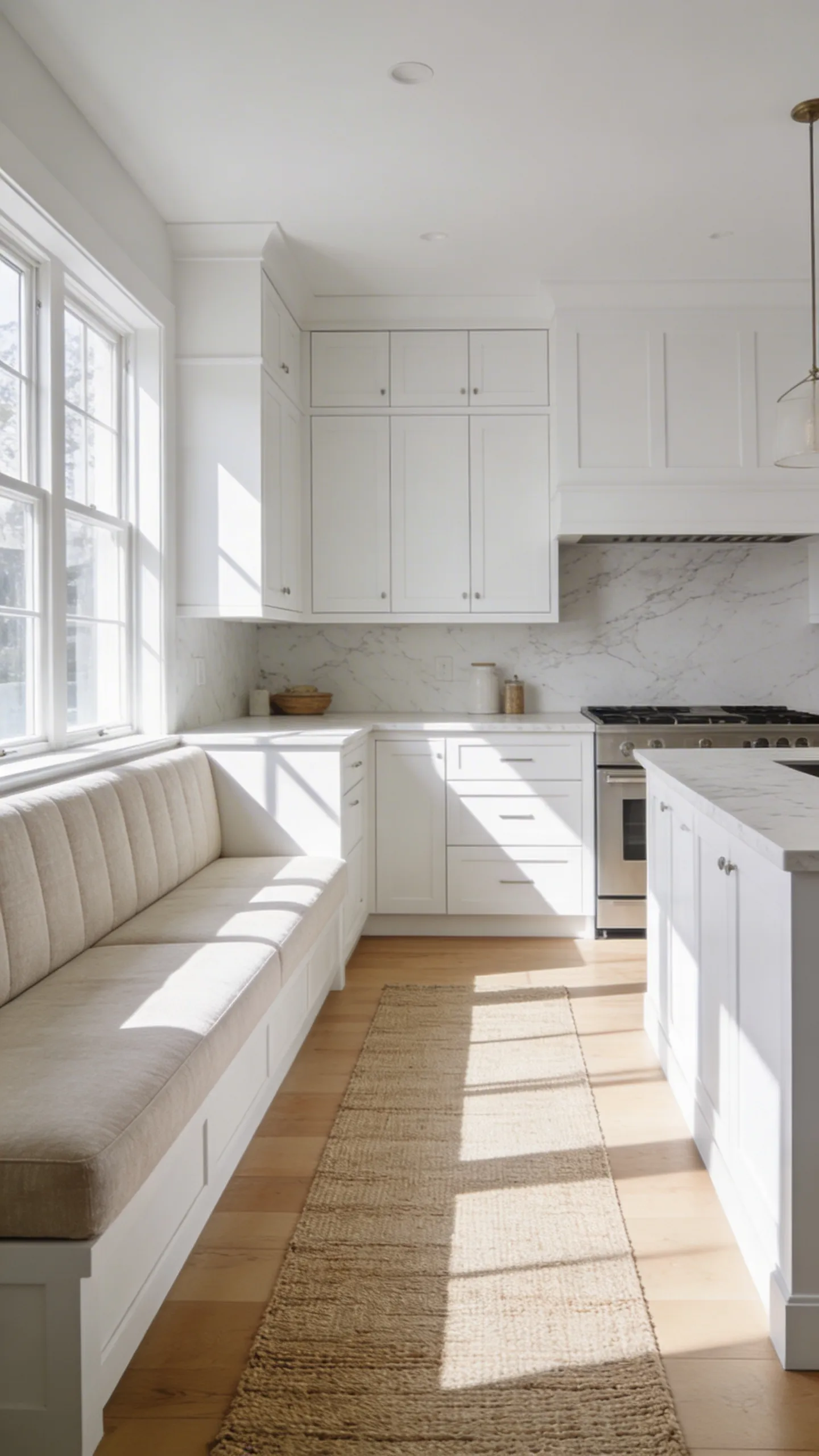 A spacious white kitchen featuring a linen banquette and a long runner to soften the hard surfaces and improve acoustics.