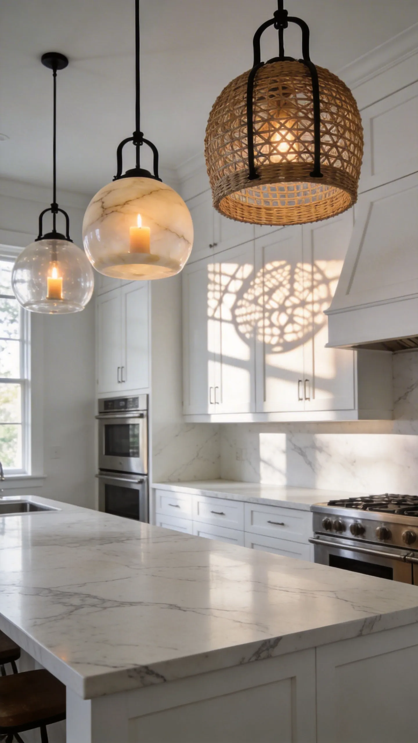 A bright white kitchen design featuring a central island illuminated by a mix of alabaster, woven rattan, and iron pendant lights.