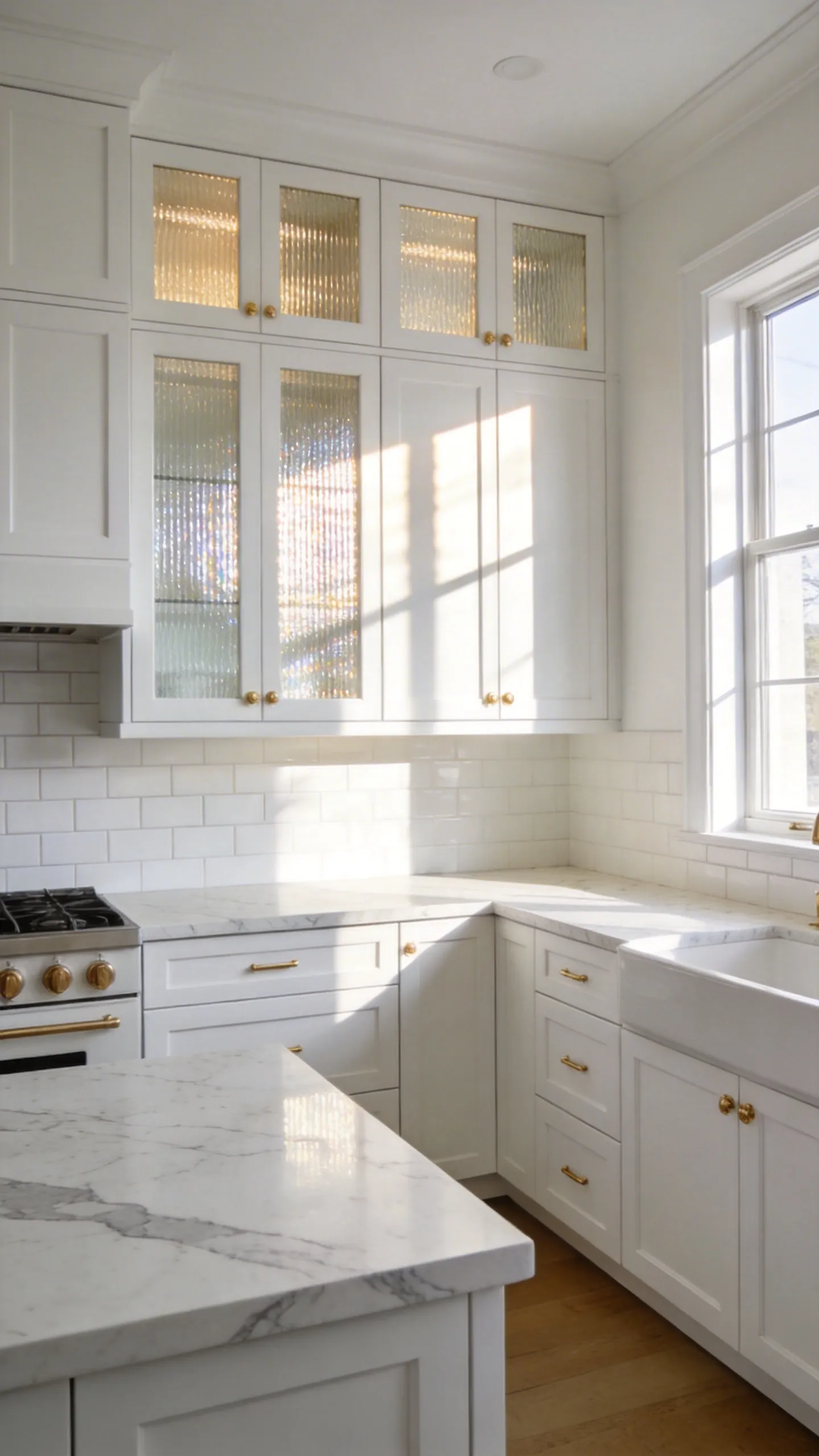 A luxurious white kitchen design featuring upper cabinets with reeded glass inserts and gold hardware against a marble countertop.