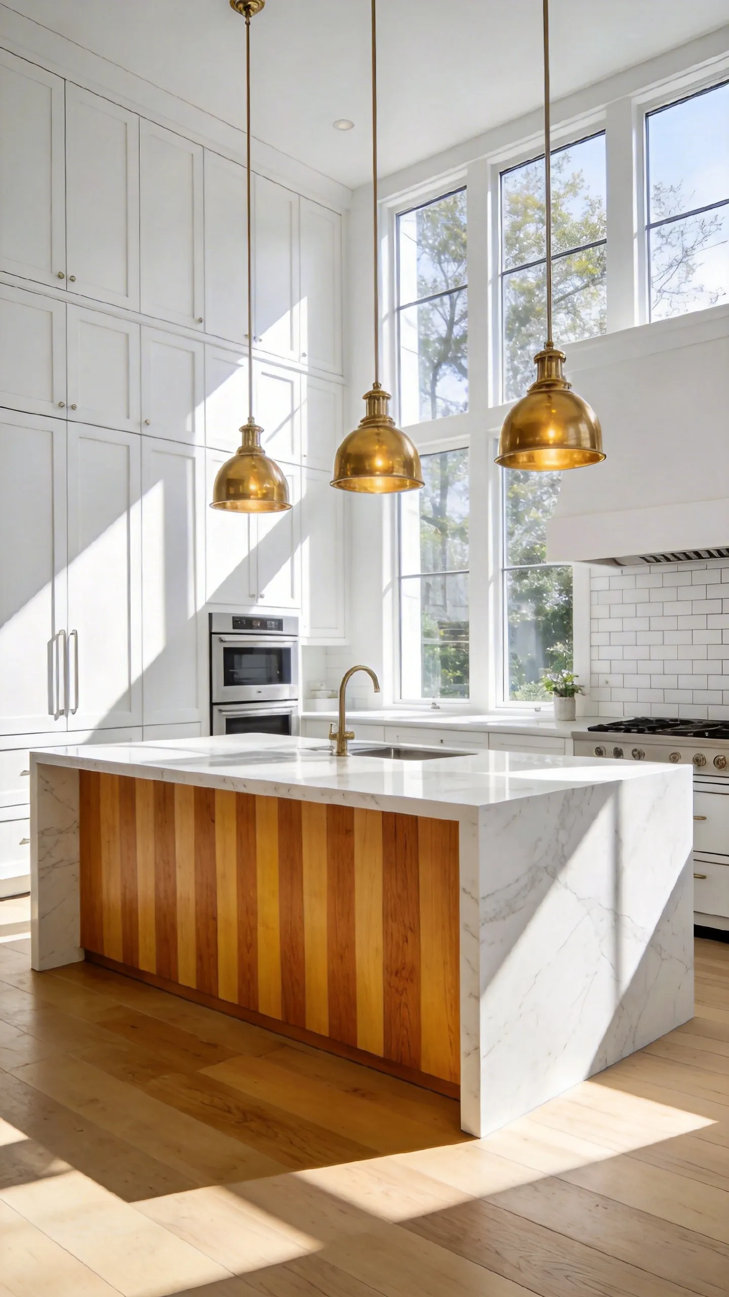 A modern white kitchen interior with a large central island featuring a stained rift sawn white oak base and white marble top.
