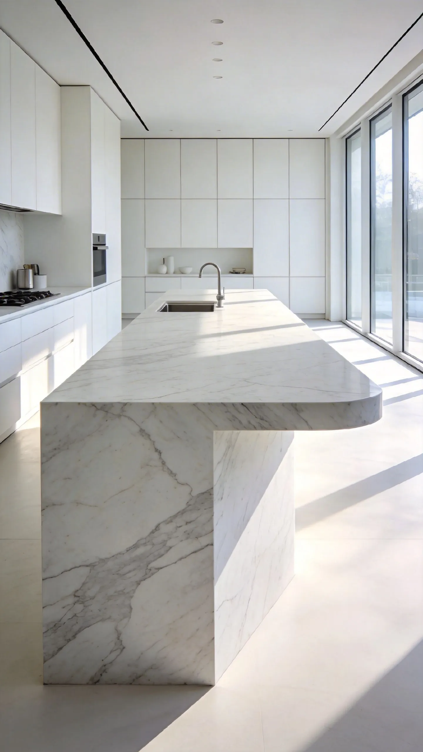 A modern all-white kitchen featuring a large marble island with a waterfall edge design that creates a monolithic sculptural appearance.