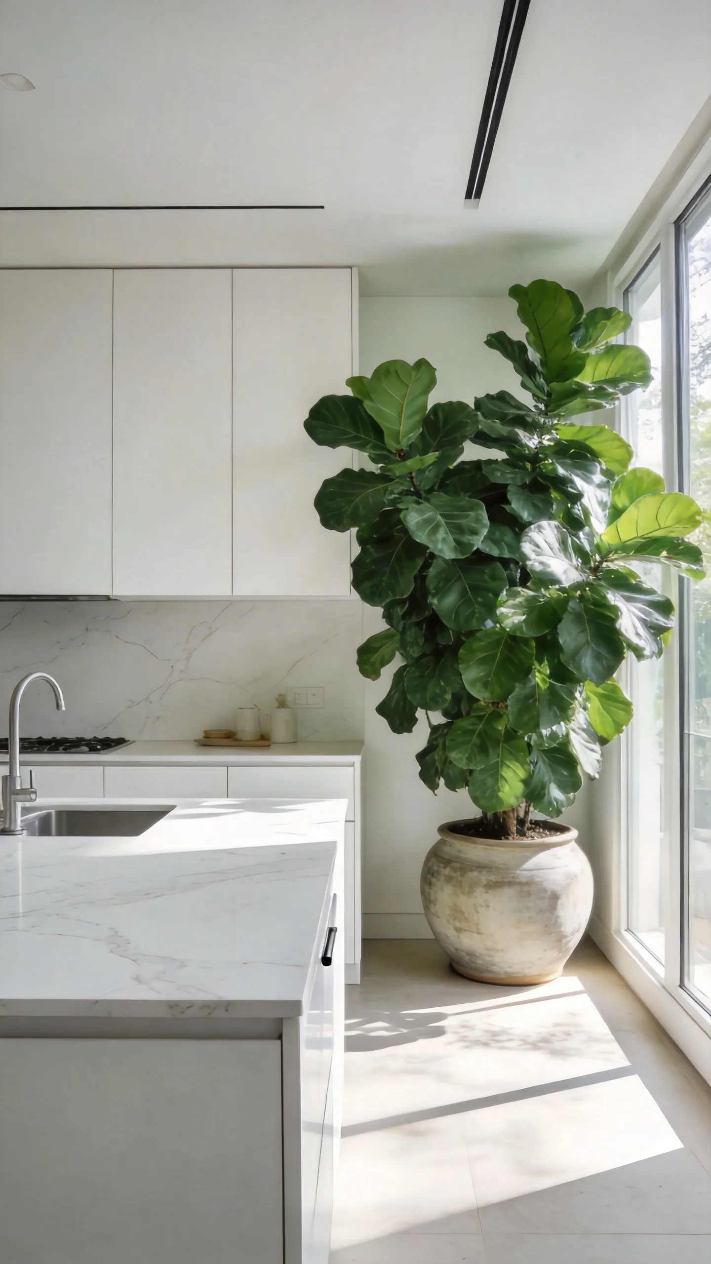 Modern white kitchen design with a large green Ficus tree providing a biophilic contrast to minimalist surfaces.