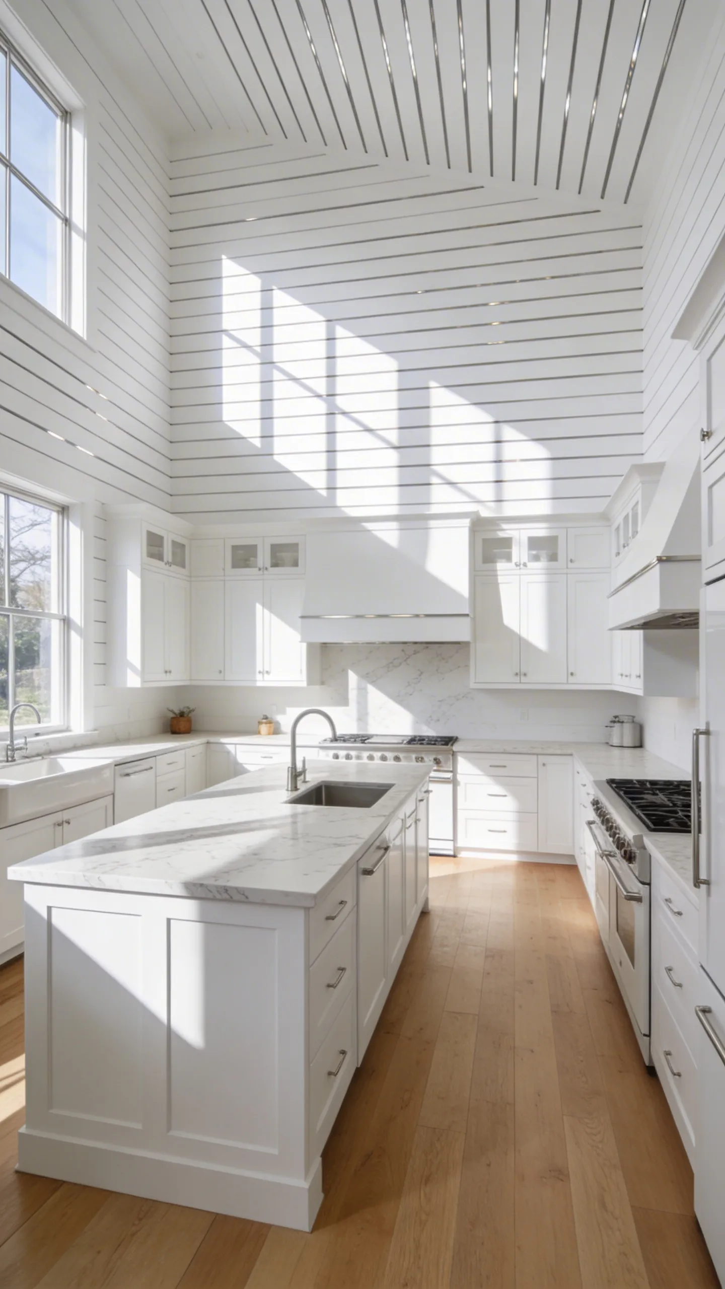 A modern white kitchen interior featuring vertical shiplap walls and a marble island under bright natural light.