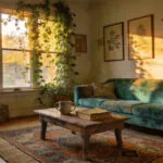 A vibrant and eclectic bohemian living room with a vintage velvet sofa, layered rugs, and sunlit indoor plants.