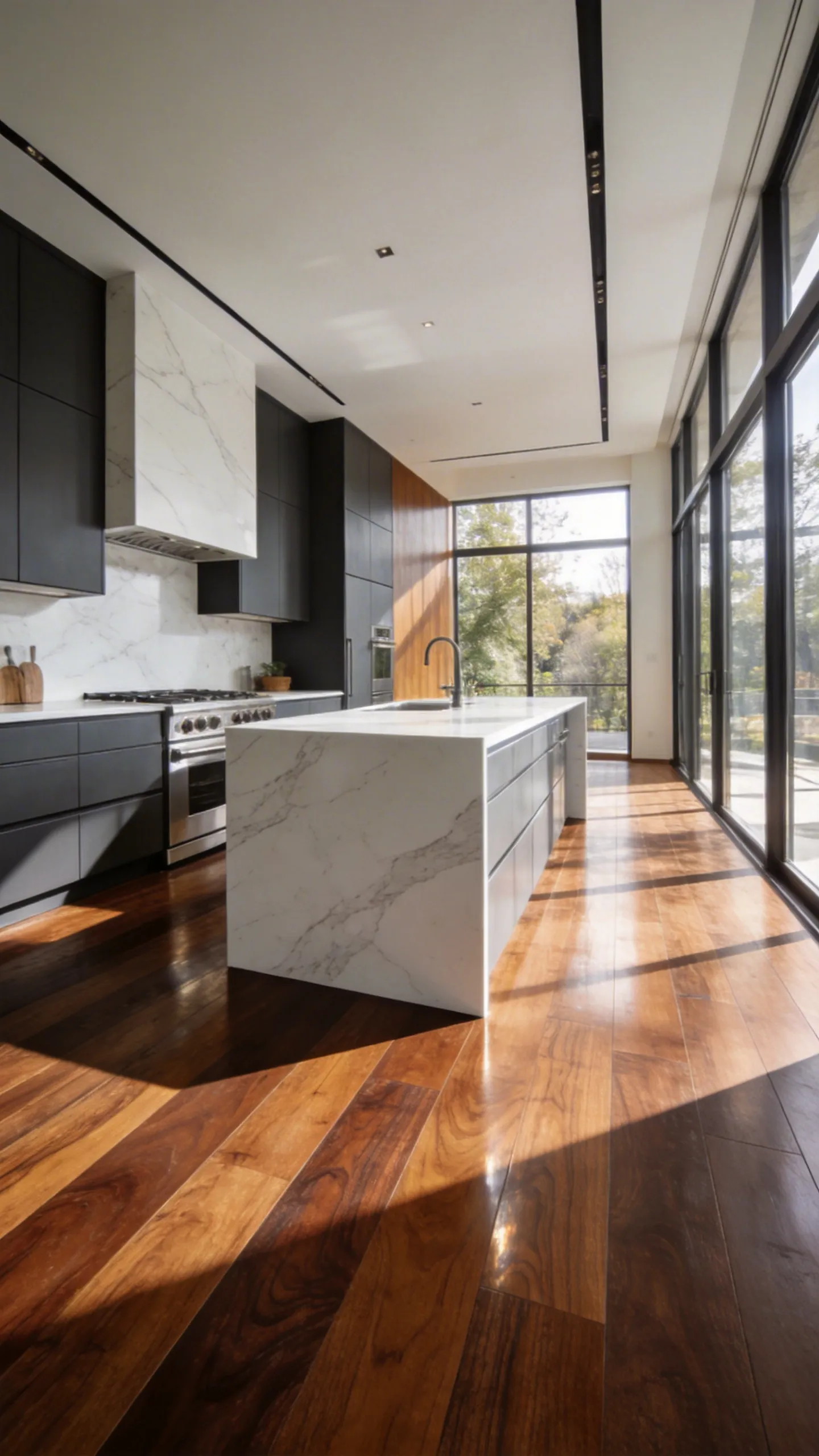 A modern luxury kitchen with dark engineered walnut flooring, charcoal cabinets, and white marble countertops under natural sunlight.