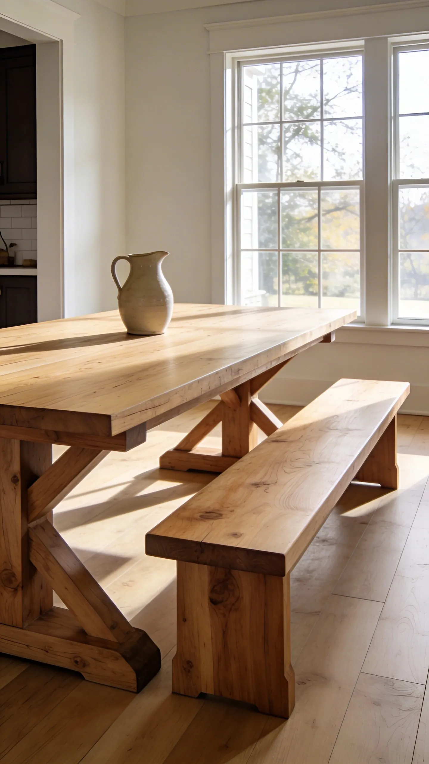 A solid white oak farmhouse dining table and matching bench with a smooth finish in a brightly lit dining room.