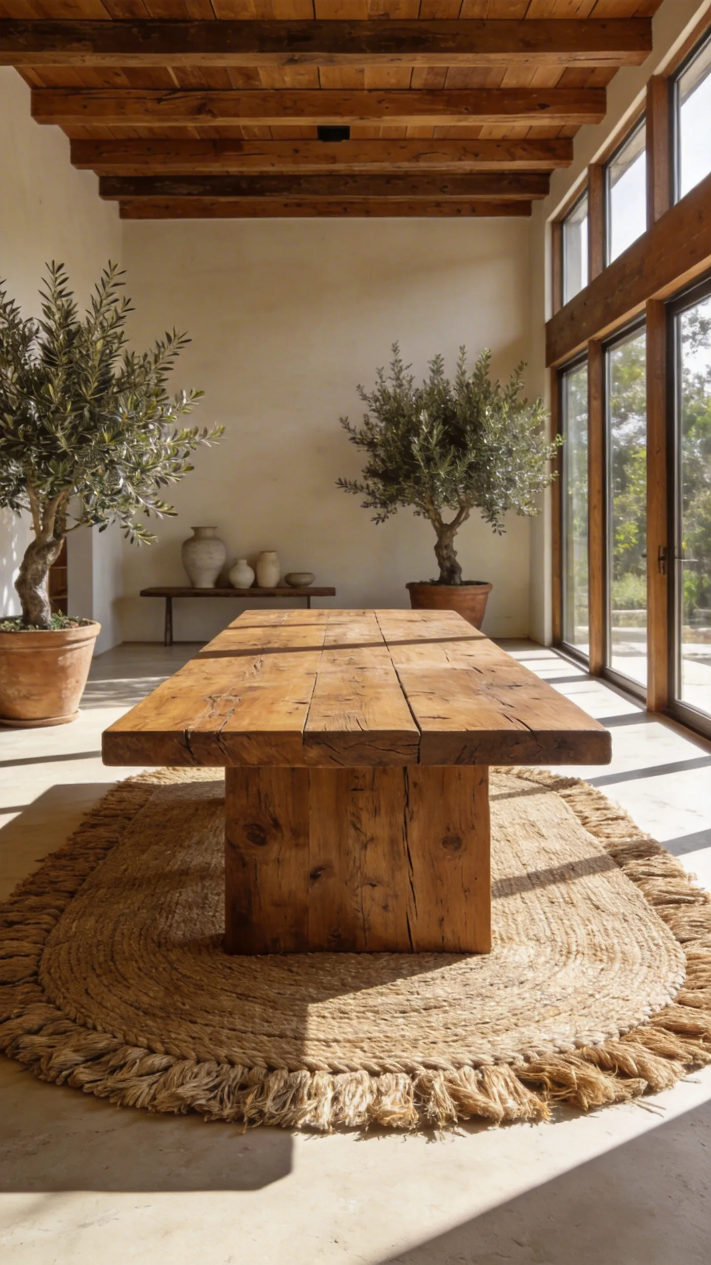 A heavy wire-brushed oak farmhouse dining table positioned on a textured natural jute rug in a bright, modern dining room.