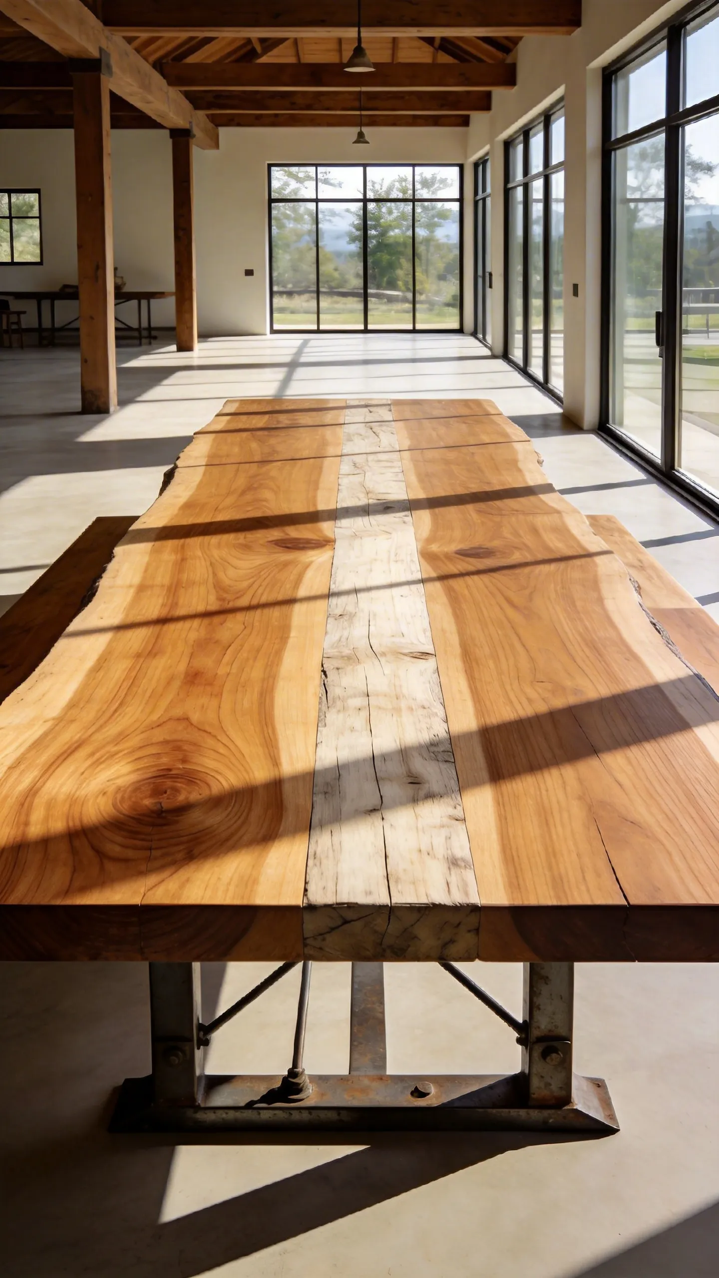A high-end farmhouse dining table showcasing the intricate grain of white oak and pine in a sunlit architectural space.