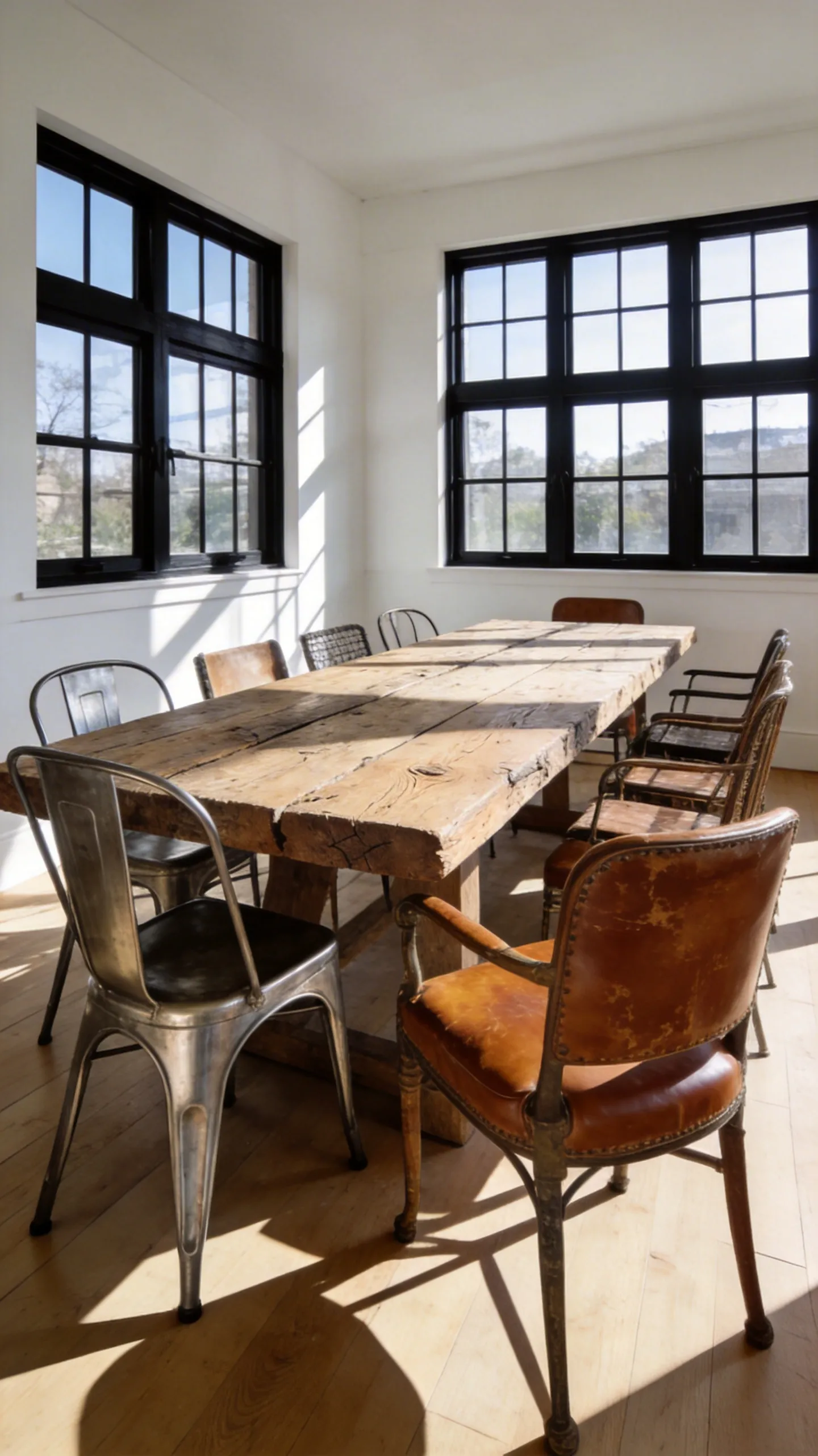 A rustic reclaimed wood farmhouse dining table styled with a mix of industrial metal chairs and distressed leather seating in a sunlit modern room.