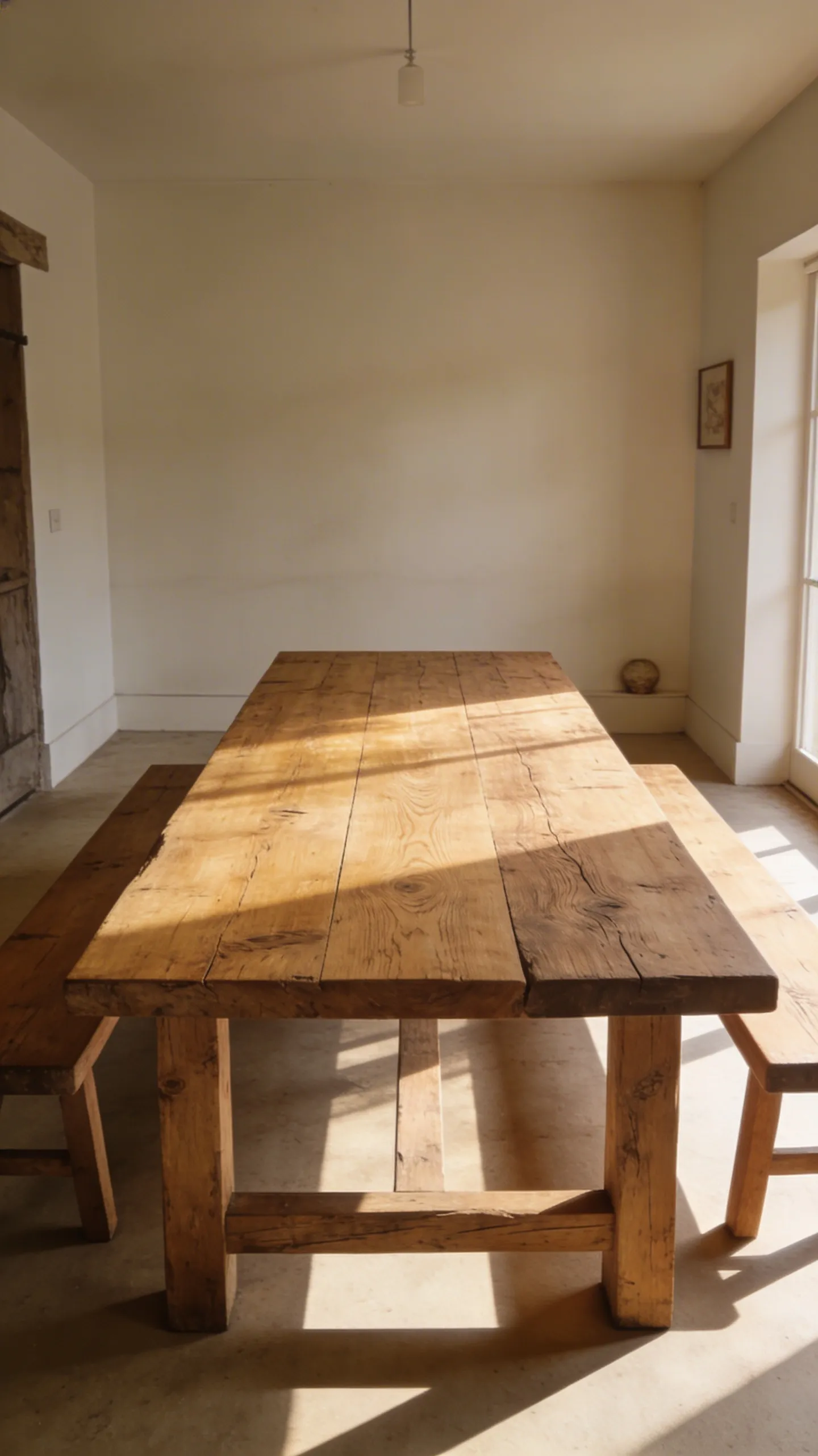 A large oak farmhouse dining table with a matte protective finish in a sunny dining room.