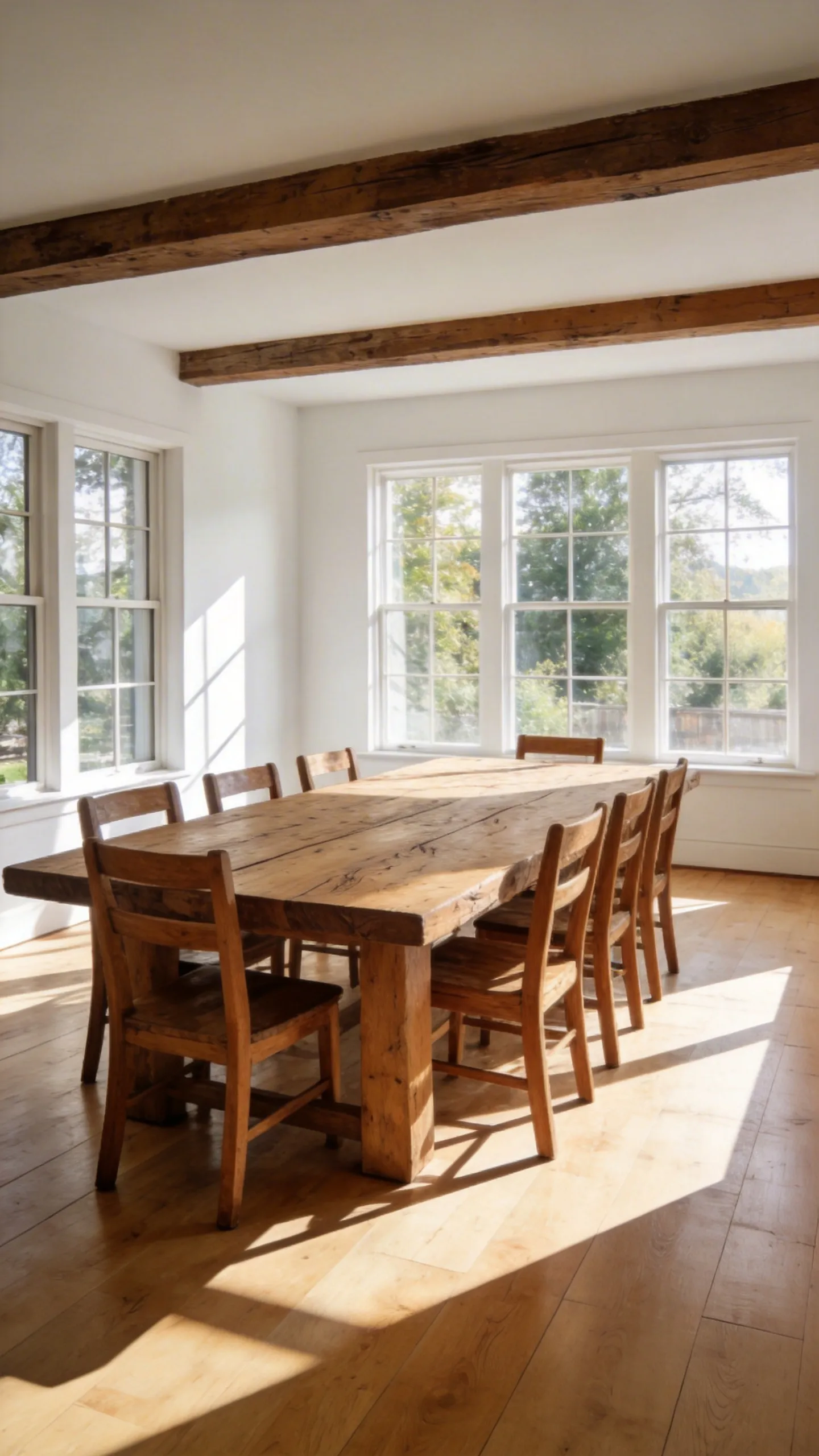 A large solid oak farmhouse dining table and chairs centered in a spacious, sunlit dining room showing plenty of open floor space.