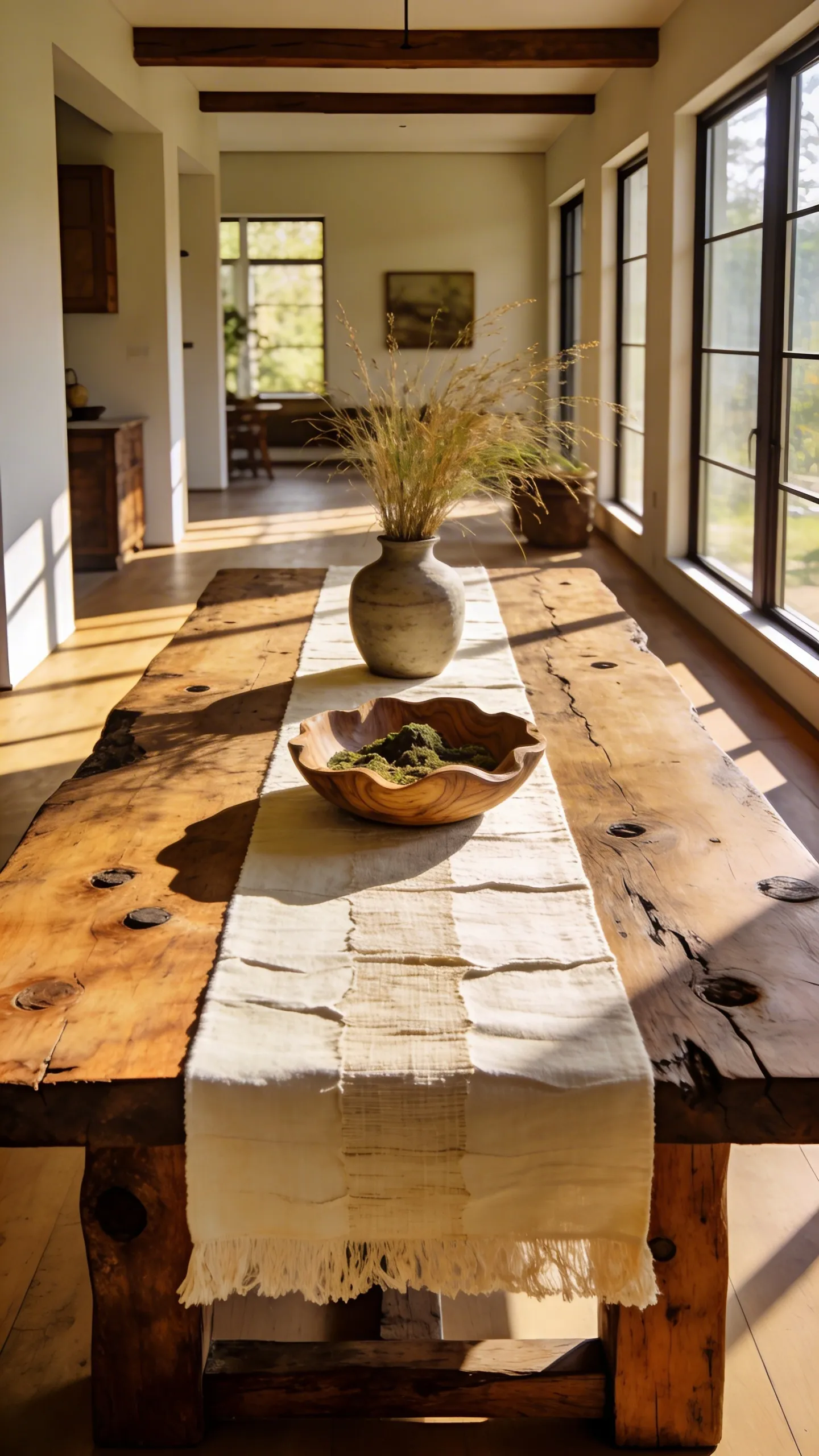 A rustic farmhouse dining table with a textured wood surface and a thick linen runner in a sunlit modern dining room.