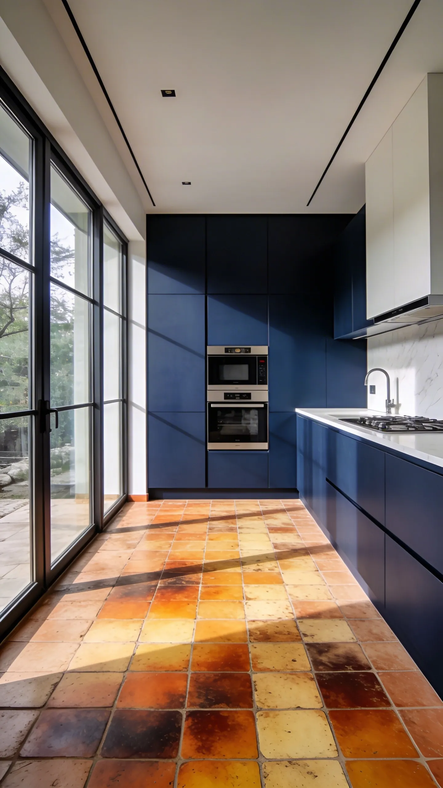A modern kitchen interior showcasing warm hand-fired terracotta tile flooring contrasted against sleek navy blue cabinetry.