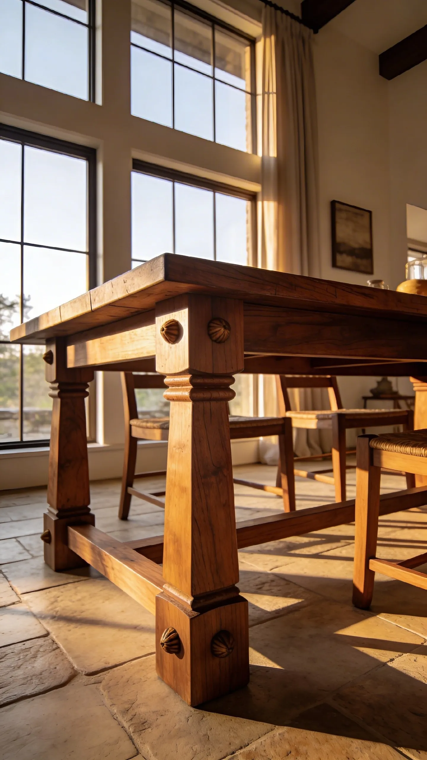 A solid wood farmhouse dining table featuring traditional mortise and tenon joinery with wooden pegs in a sunlit dining room.
