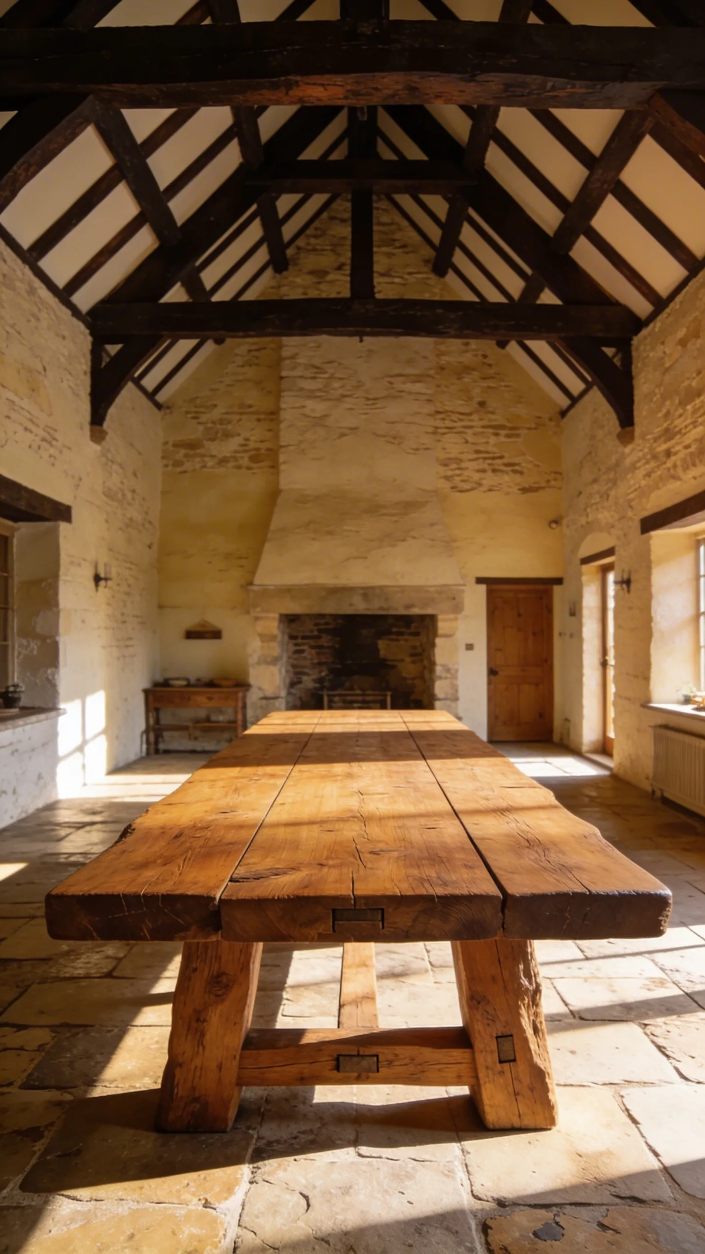 A sturdy, handcrafted farmhouse dining table made from thick oak planks in a rustic, sunlit dining room with stone floors and exposed beams.