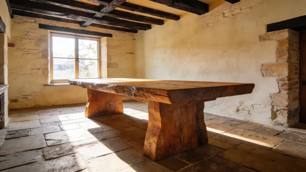A sturdy, handcrafted farmhouse dining table made from thick oak planks in a rustic, sunlit dining room with stone floors and exposed beams.
