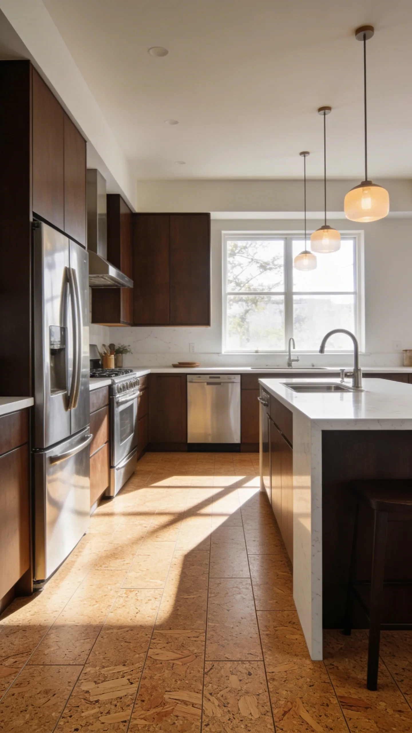 A modern kitchen interior featuring sustainable high-density cork flooring with professional stainless steel appliances and natural wood cabinetry.