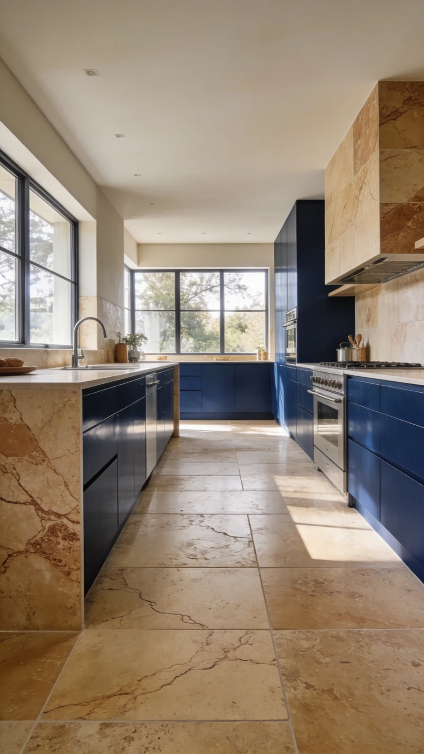 A bright luxury kitchen featuring large-format honed travertine stone flooring and high-gloss dark cabinetry.