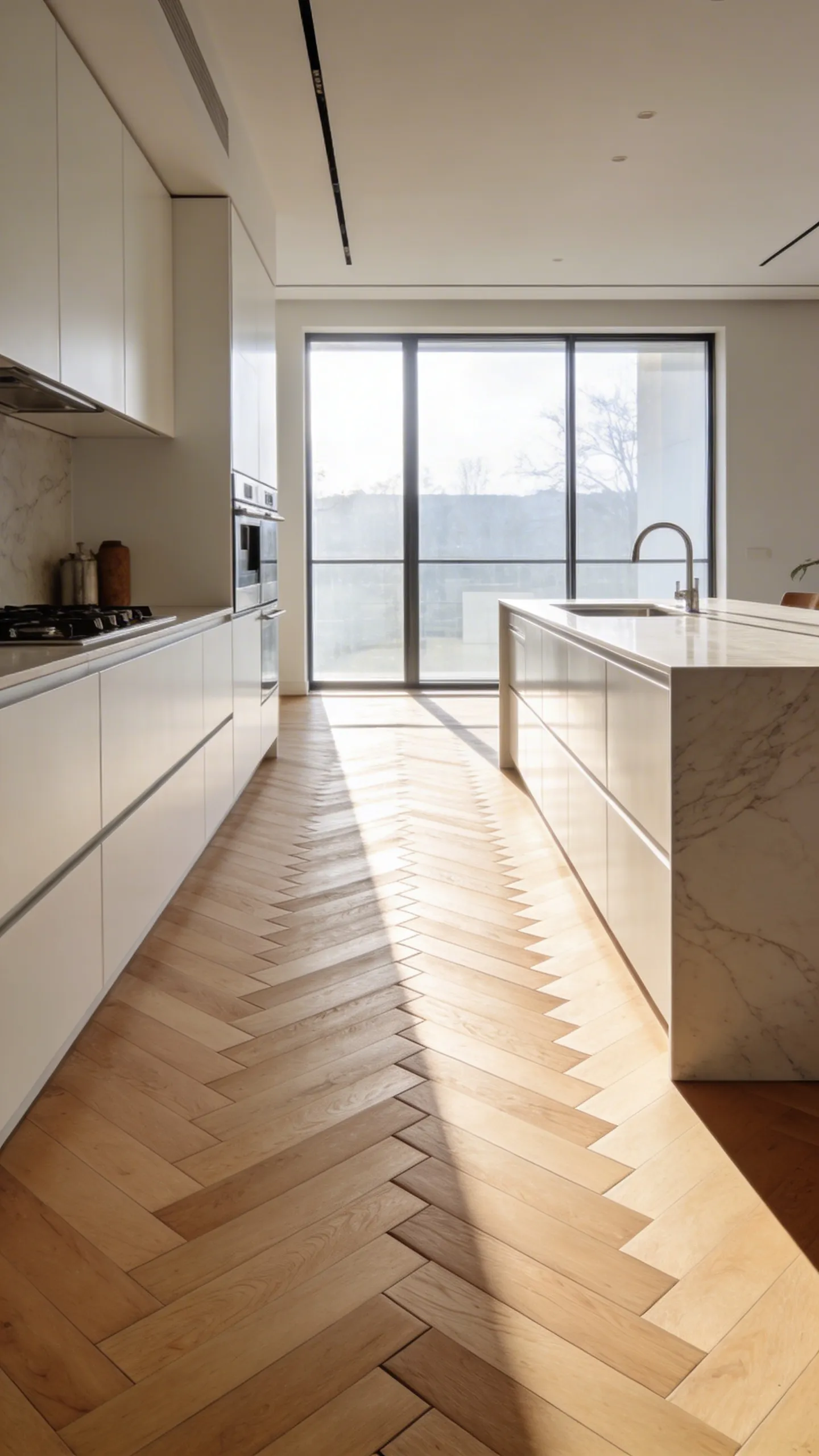 A modern kitchen with light oak chevron parquet flooring that creates a directional arrow pattern leading toward a large sunny window.