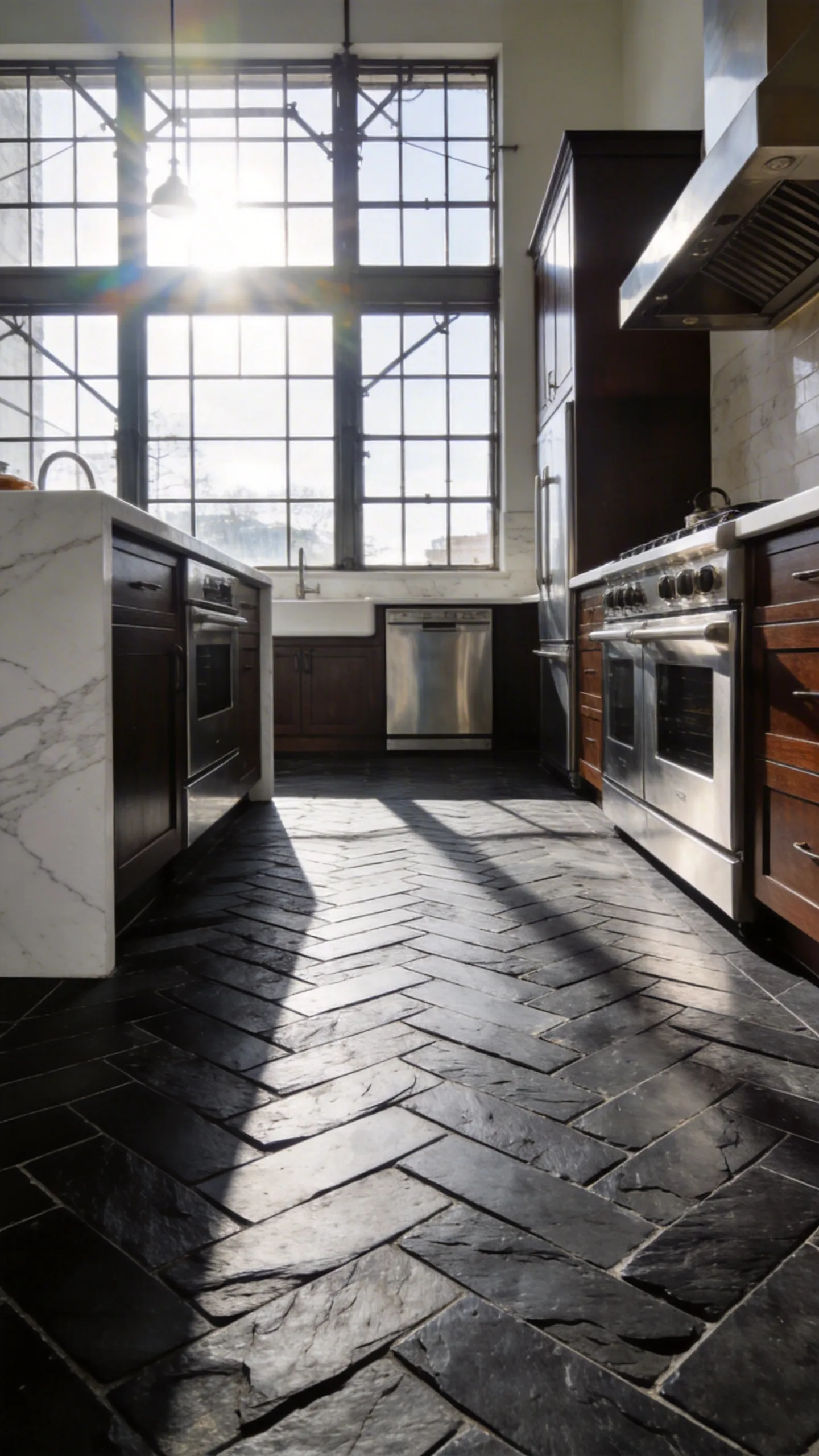 A wide-angle view of a modern kitchen with textured grey slate flooring installed in a classic herringbone design.