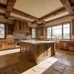 High-end kitchen design featuring a mix of reclaimed heritage wood and natural stone flooring illuminated by warm sunlight.