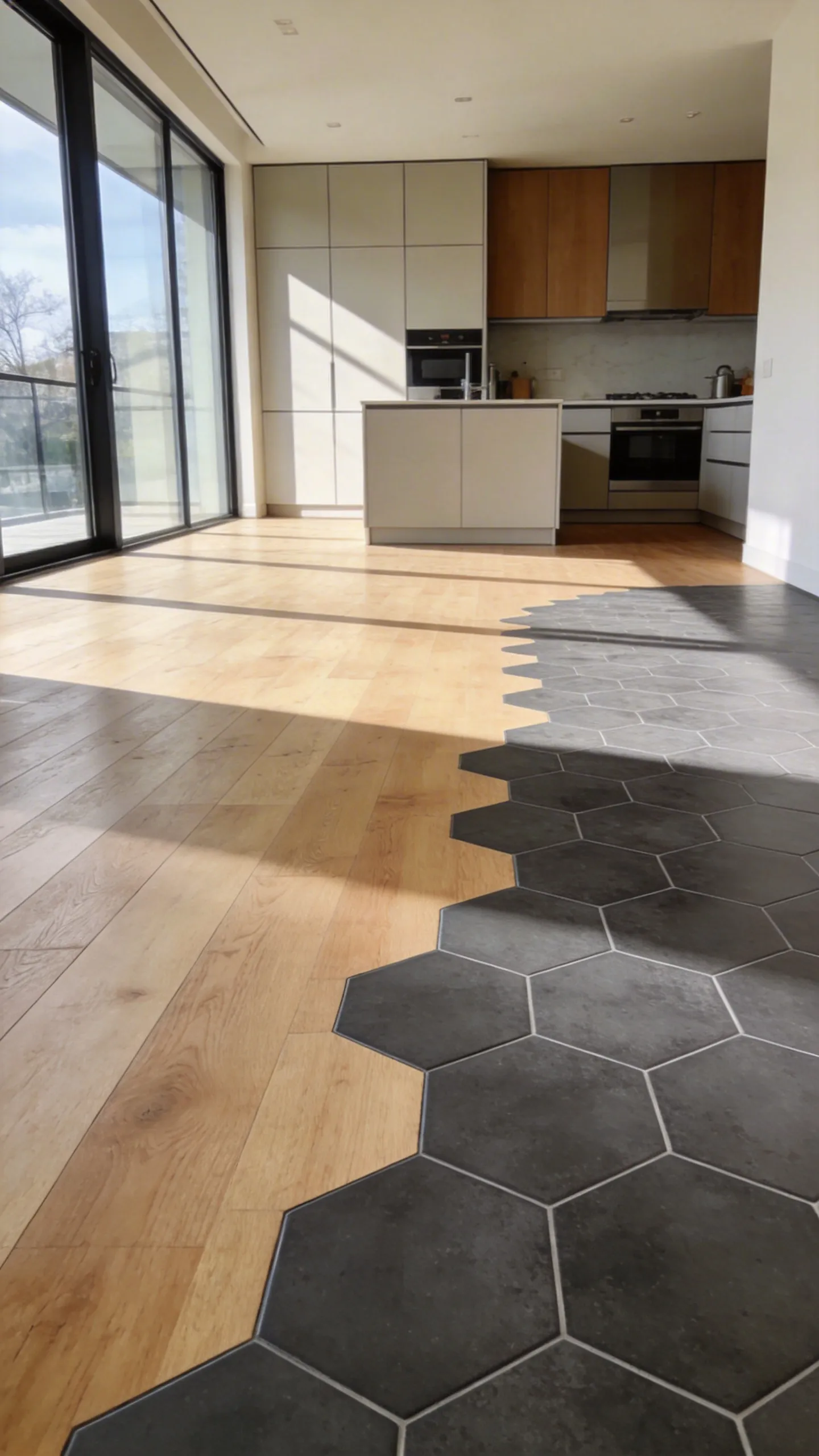 Modern kitchen floor featuring a seamless transition where light oak wood planks meet grey hexagonal porcelain tiles in a decorative dissolving pattern.