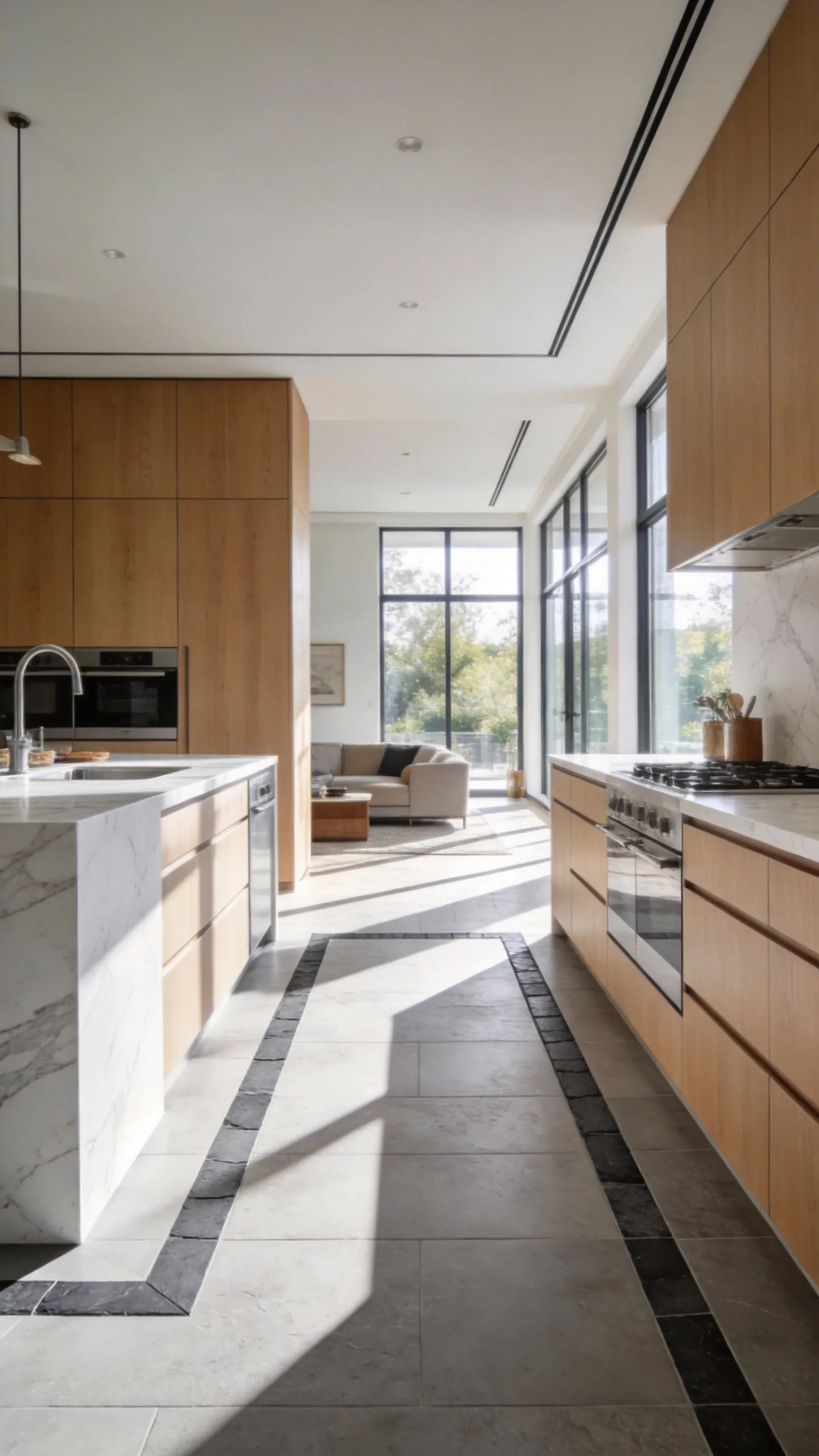A high-end kitchen featuring light grey stone tile flooring with a darker grey stone border framing the workspace.