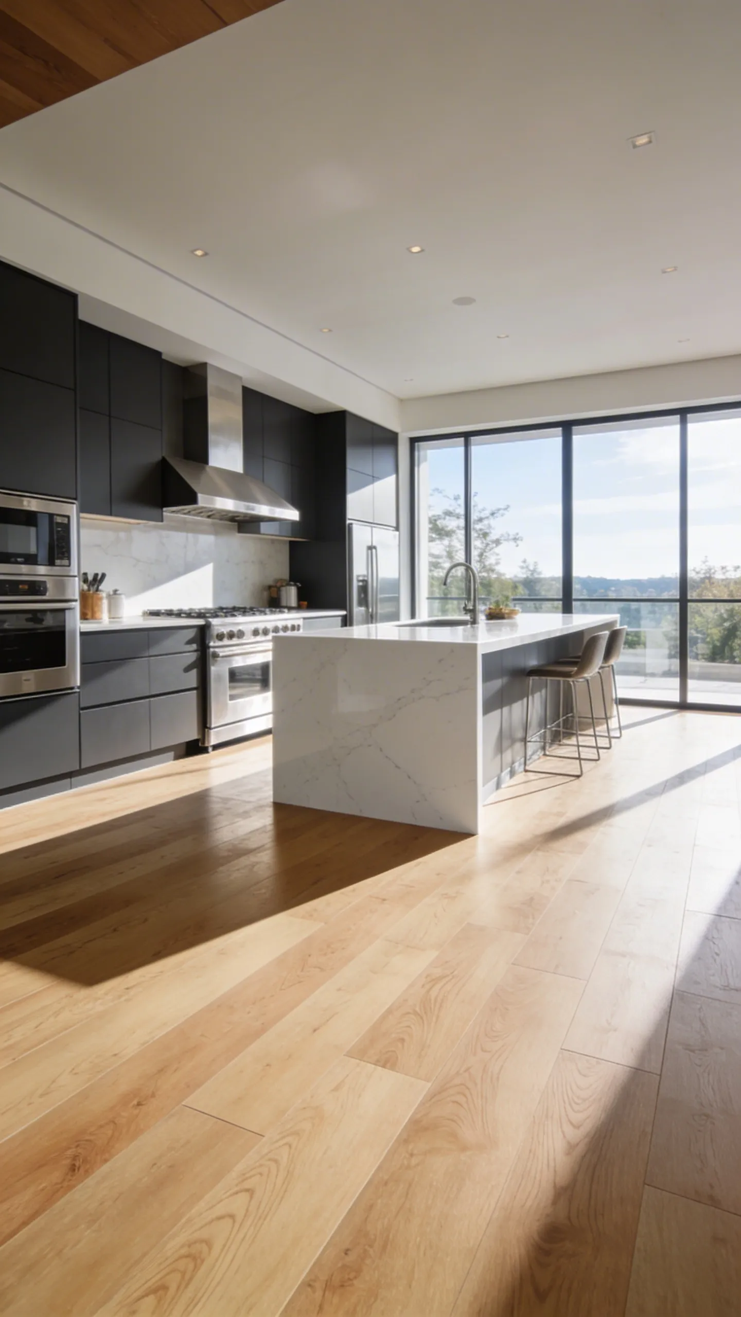 A modern kitchen featuring light oak engineered stone plastic composite flooring with matte charcoal cabinets and stainless steel appliances.