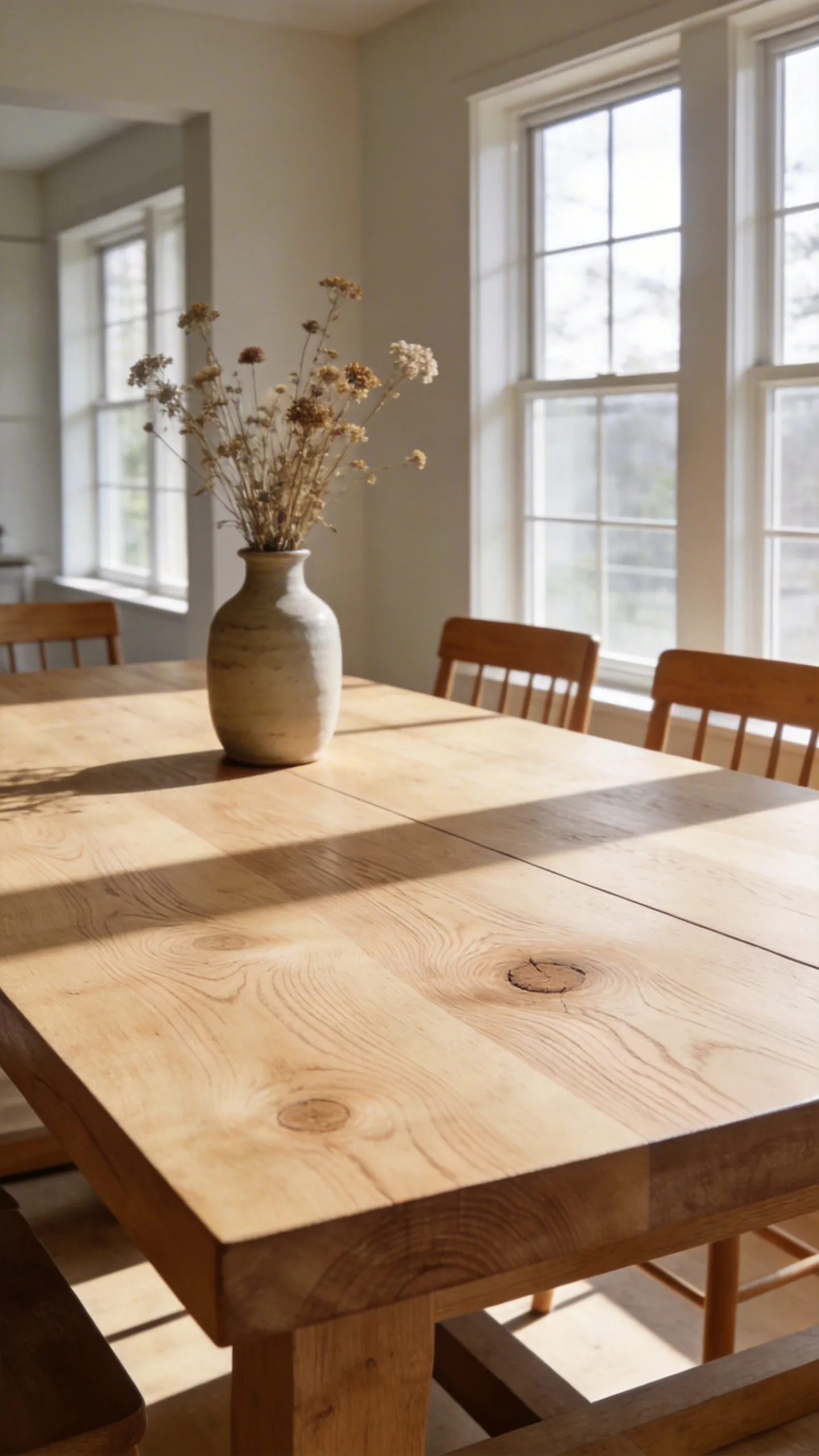 A solid white oak farmhouse dining table with quartersawn grain patterns in a sunlit modern rustic dining room.