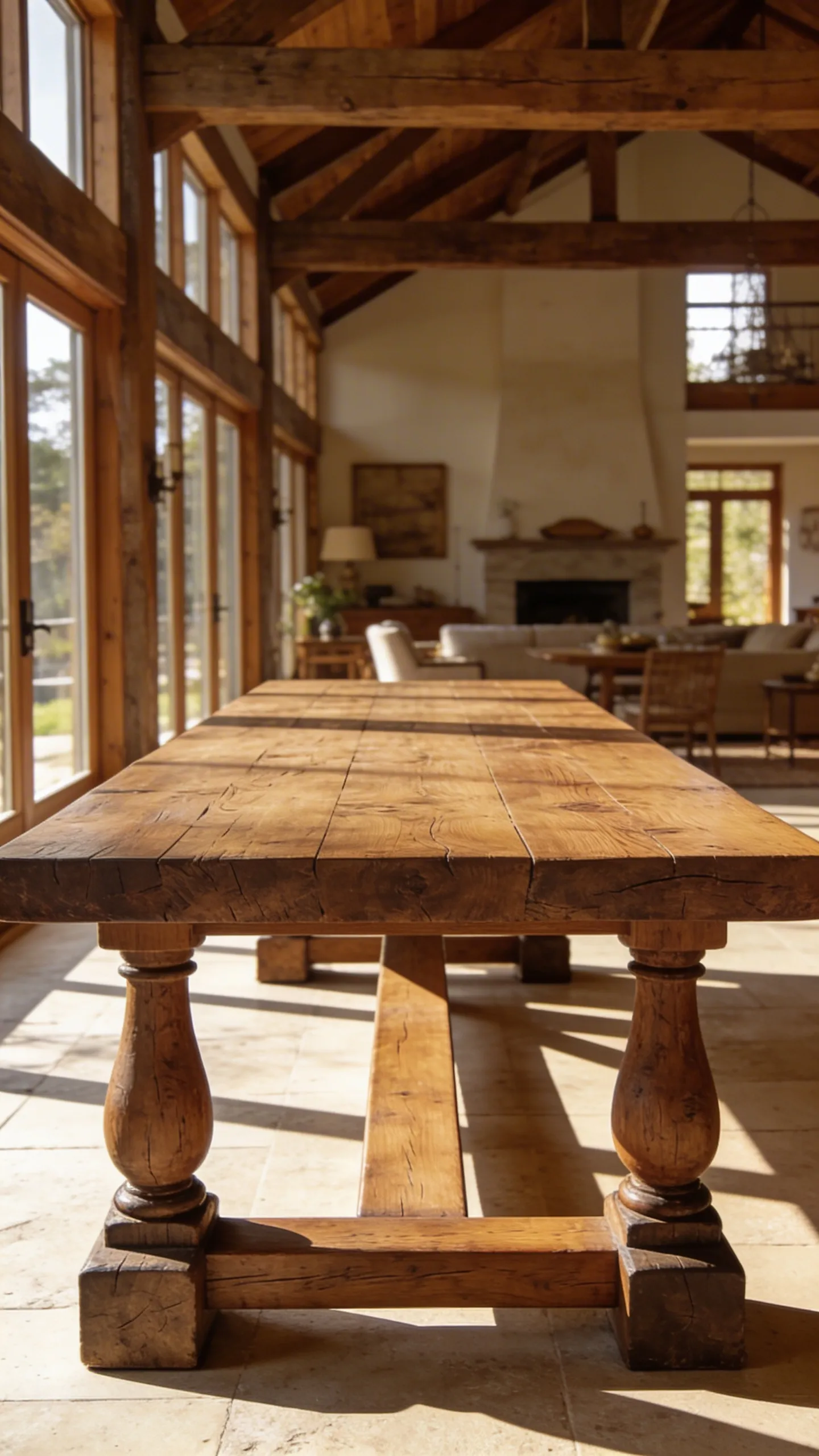 A large solid oak trestle farmhouse dining table with a thick stretcher beam in a bright, modern dining room with large windows.