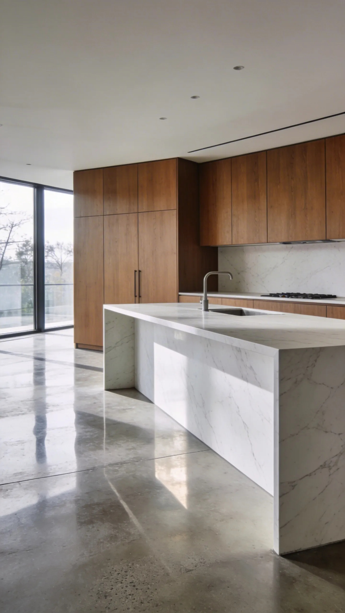 A modern minimalist kitchen featuring a seamless 800-grit polished concrete floor with a satin finish and floor-to-ceiling windows.