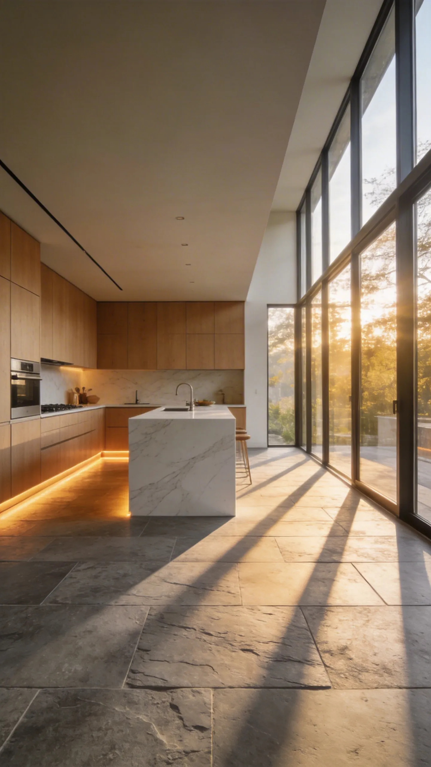 A sun-drenched modern kitchen with large natural stone floor tiles and warm morning light, showcasing radiant underfloor heating design.
