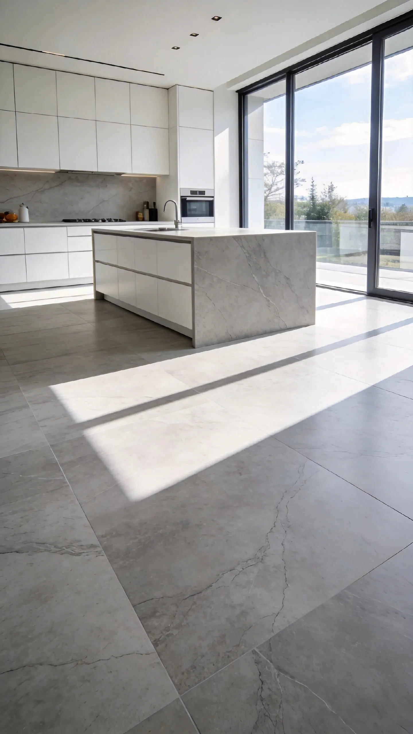Large format ultra-compact sintered stone flooring in a bright modern kitchen with minimalist decor.