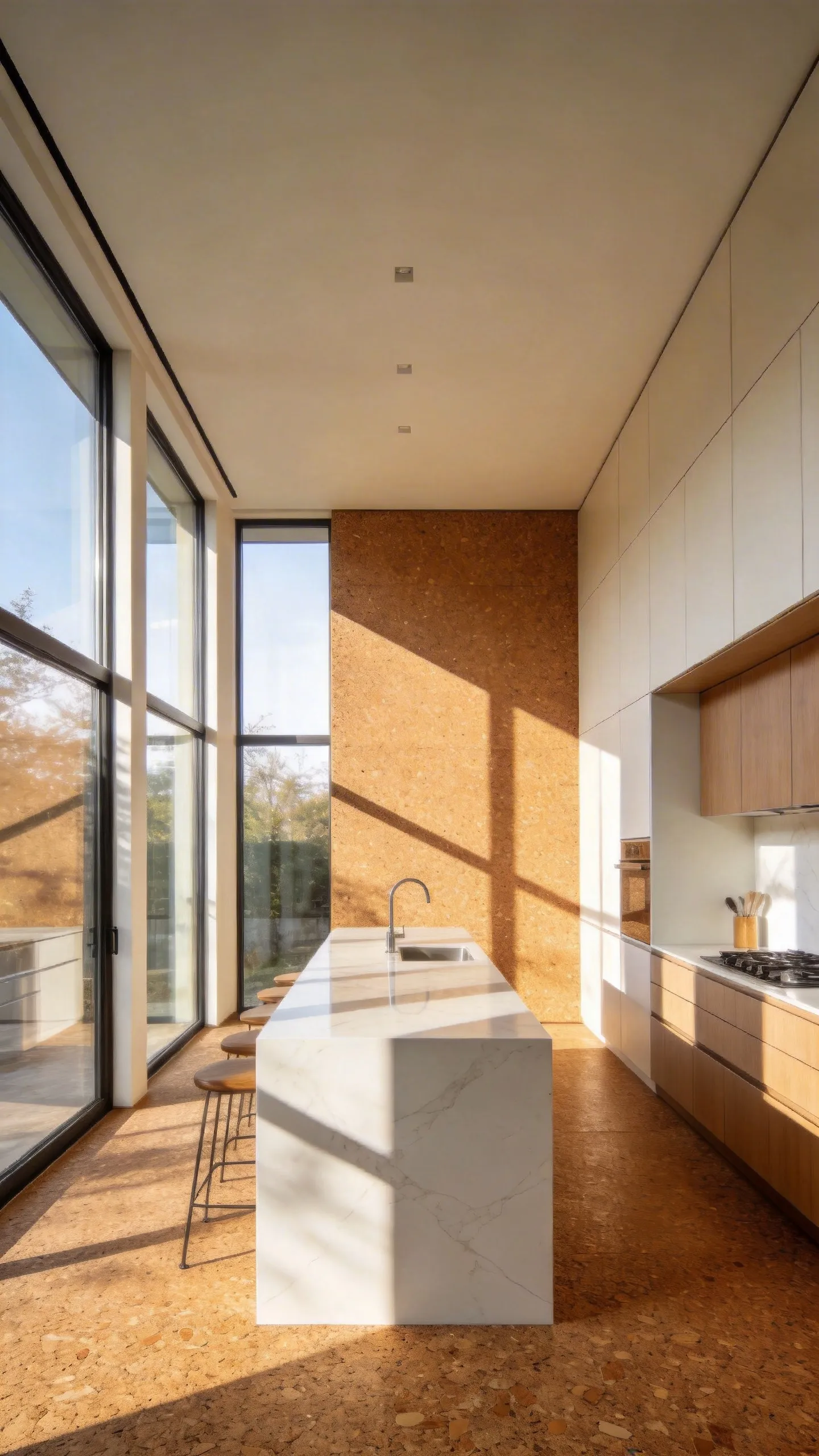 A wide view of a modern kitchen with textured cork flooring and white cabinetry under soft natural sunlight.
