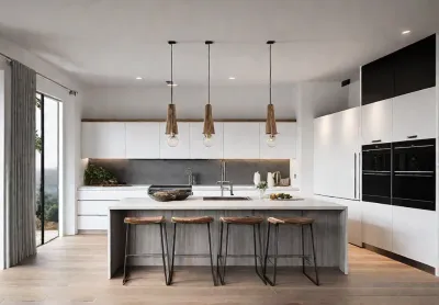 A modern farmhouse kitchen with sleek cabinetry undermount sink contemporary lighting andfeat