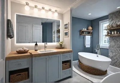 A small bright bathroom with a coastal theme featuring a compact vanityfeat