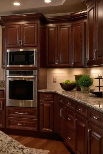 Cherry wood cabinets with raised panel doors in a traditional kitchen