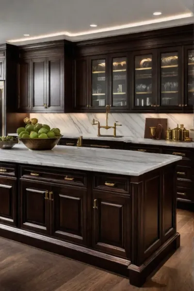 Sophisticated kitchen with walnut wood cabinets and marble countertops