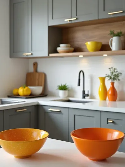 Neutral contemporary kitchen with pops of vibrant color from kitchen accessories.
