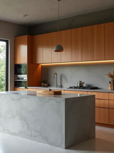 Contemporary kitchen design blending warm wood cabinetry with cool concrete countertops and island base.