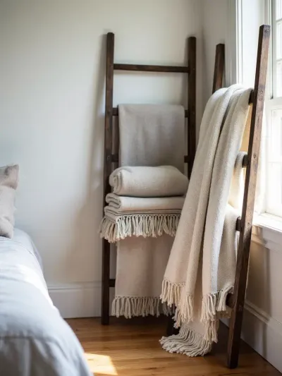 Dark wood blanket ladder displaying knit throws in a farmhouse style bedroom.