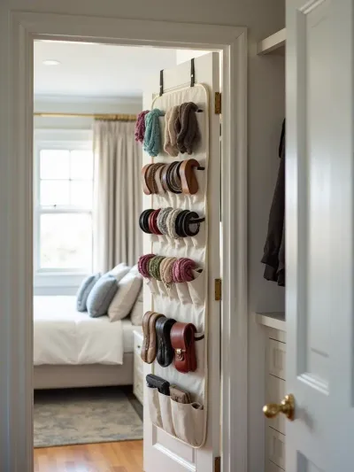 Over-the-door shoe organizer repurposed for scarves and accessories inside a closet.
